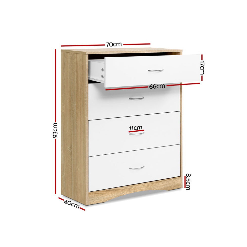Chest of 4 Drawers Tallboy Dresser in two-tone finish with metal handles, showing top drawer open and dimensions indicated.