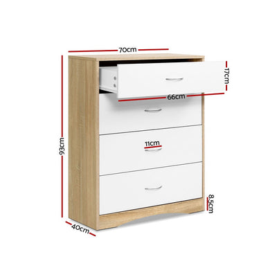 Chest of 4 Drawers Tallboy Dresser in two-tone finish with metal handles, showing top drawer open and dimensions indicated.