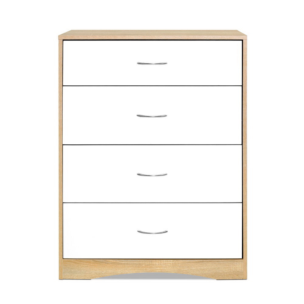 Chest of 4 Drawers Tallboy Dresser with white drawer fronts, silver handles, and natural wood frame, Scandinavian-inspired design