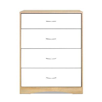 Chest of 4 Drawers Tallboy Dresser with white drawer fronts, silver handles, and natural wood frame, Scandinavian-inspired design