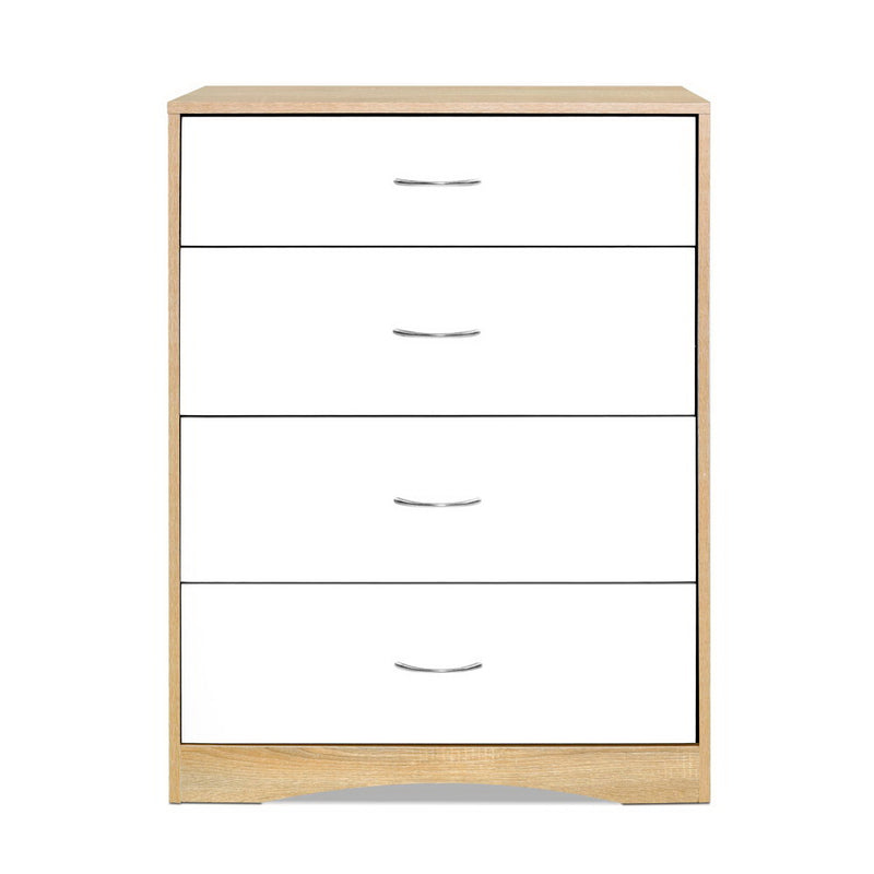 Chest of 4 Drawers Tallboy Dresser with white drawer fronts, silver handles, and natural wood frame, Scandinavian-inspired design