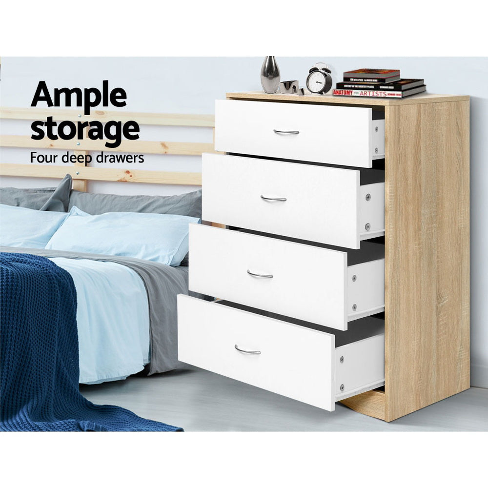 Chest of 4 Drawers Tallboy Dresser with two-tone finish, four deep drawers, and curved handles in bedroom setting