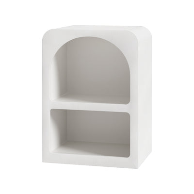 Arched Textured Bedside Table White with two open shelves and a smooth curved top, modern bedroom furniture by Bedzy