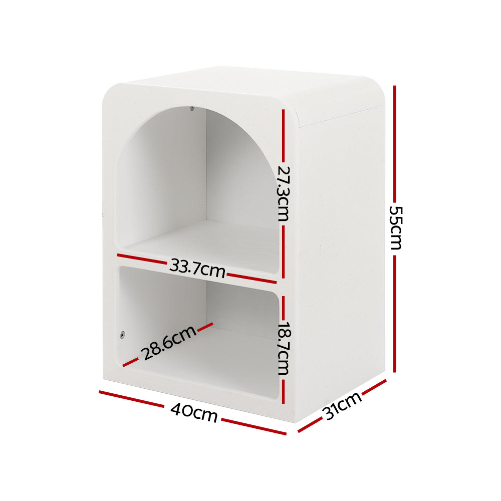 Arched Textured Bedside Table White with two open storage compartments and modern curved design for bedroom furniture