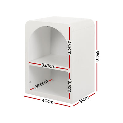 Arched Textured Bedside Table White with two open storage compartments and modern curved design for bedroom furniture