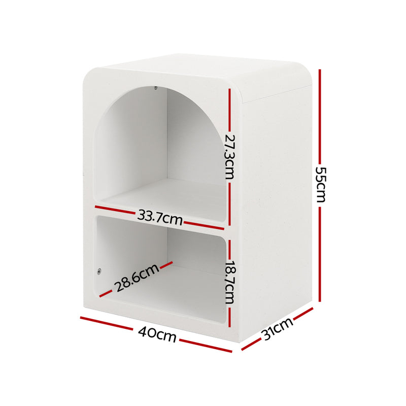 Arched Textured Bedside Table White with two open storage compartments and modern curved design for bedroom furniture
