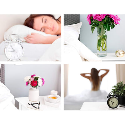 Simple Bedside Table With Drawer White shown in bedroom settings with flowers, alarm clock, and glasses on top and beside it