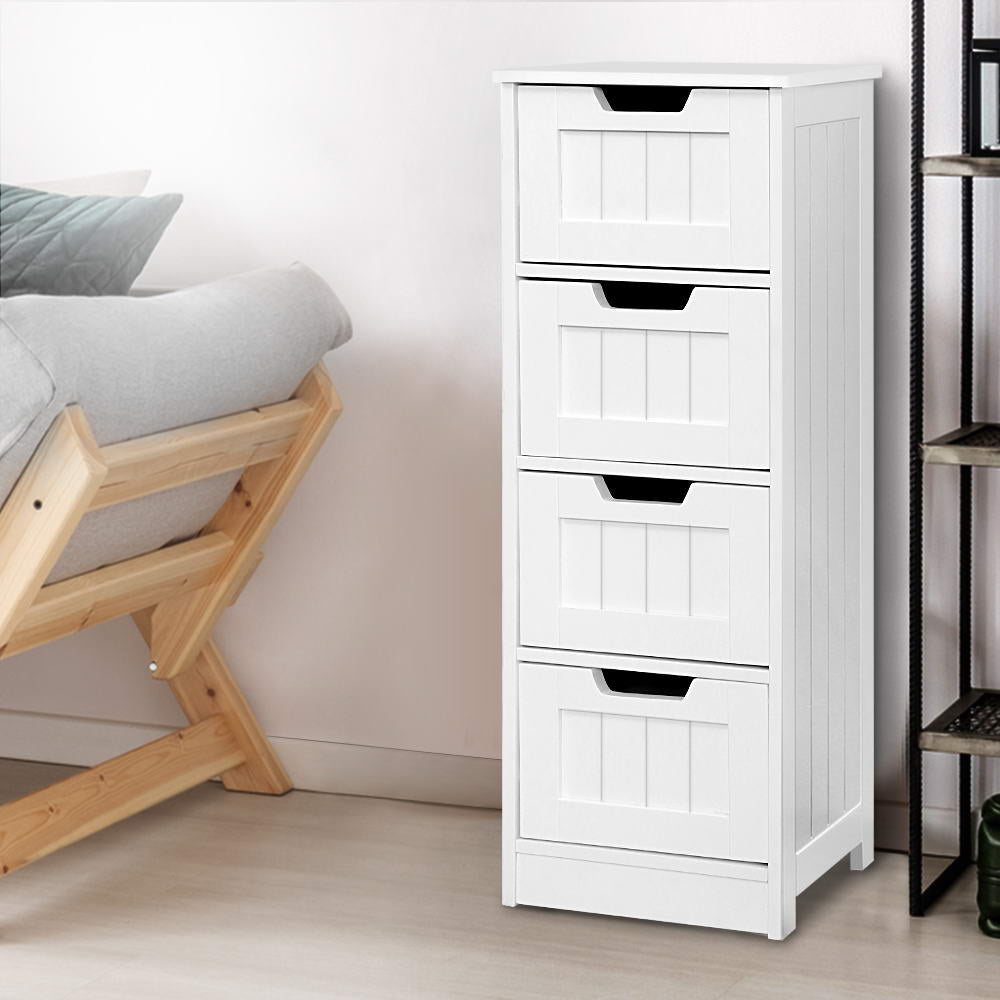 White Storage Cabinet Drawers Bathroom Stand with four deep panelled drawers and cut-out handles in a modern bedroom setting