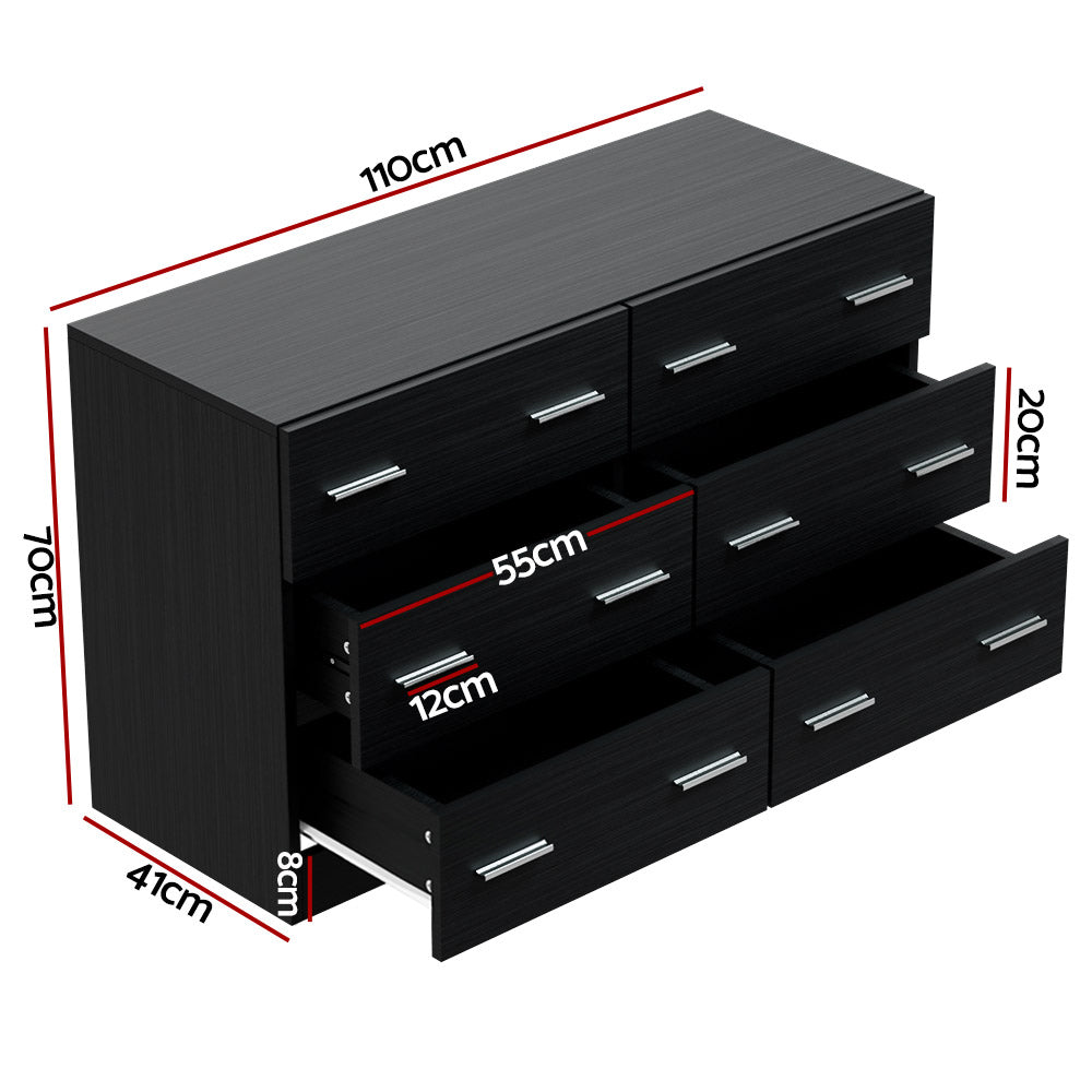 6 Drawer Lowboy Dresser - Black with metal handles, six spacious drawers, and modern design for bedroom furniture.