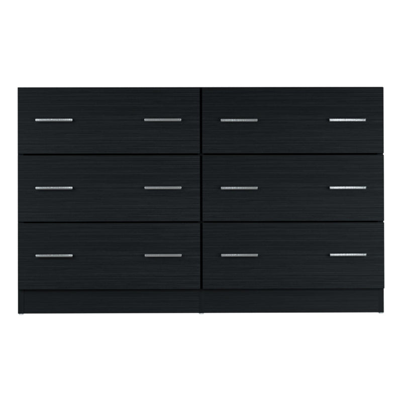 6 Drawer Lowboy Dresser - Black with sleek metal handles and six spacious drawers for bedroom furniture and storage.