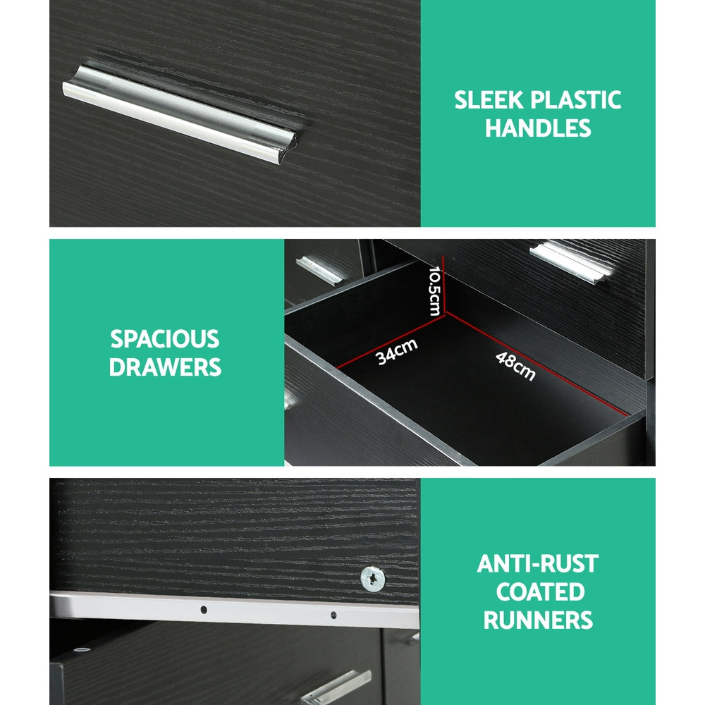 Close-up of 6 Drawer Lowboy Dresser - Black showing sleek plastic handles, spacious drawers, and anti-rust coated runners