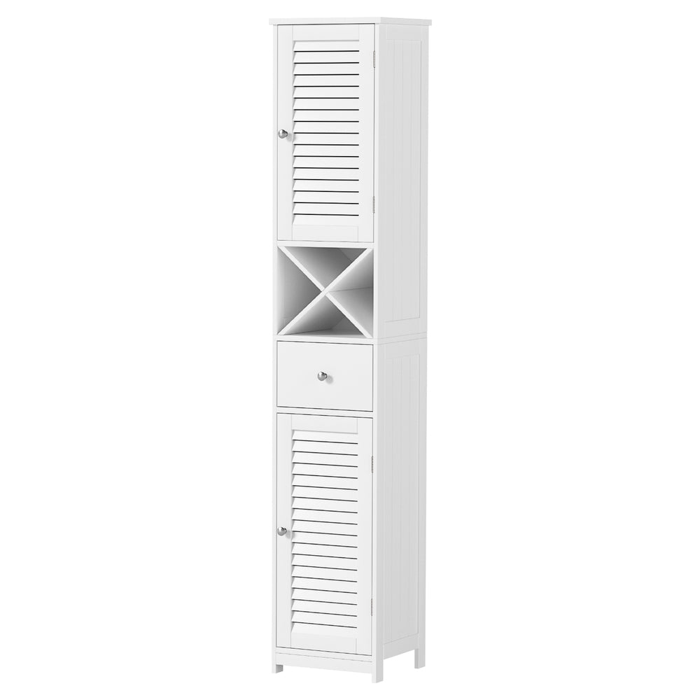 Bathroom Storage Cabinet 170cm Tall Slim Organiser Toilet Corner Adjustable Shelf Louver Door White with drawer and X-shape shelf.