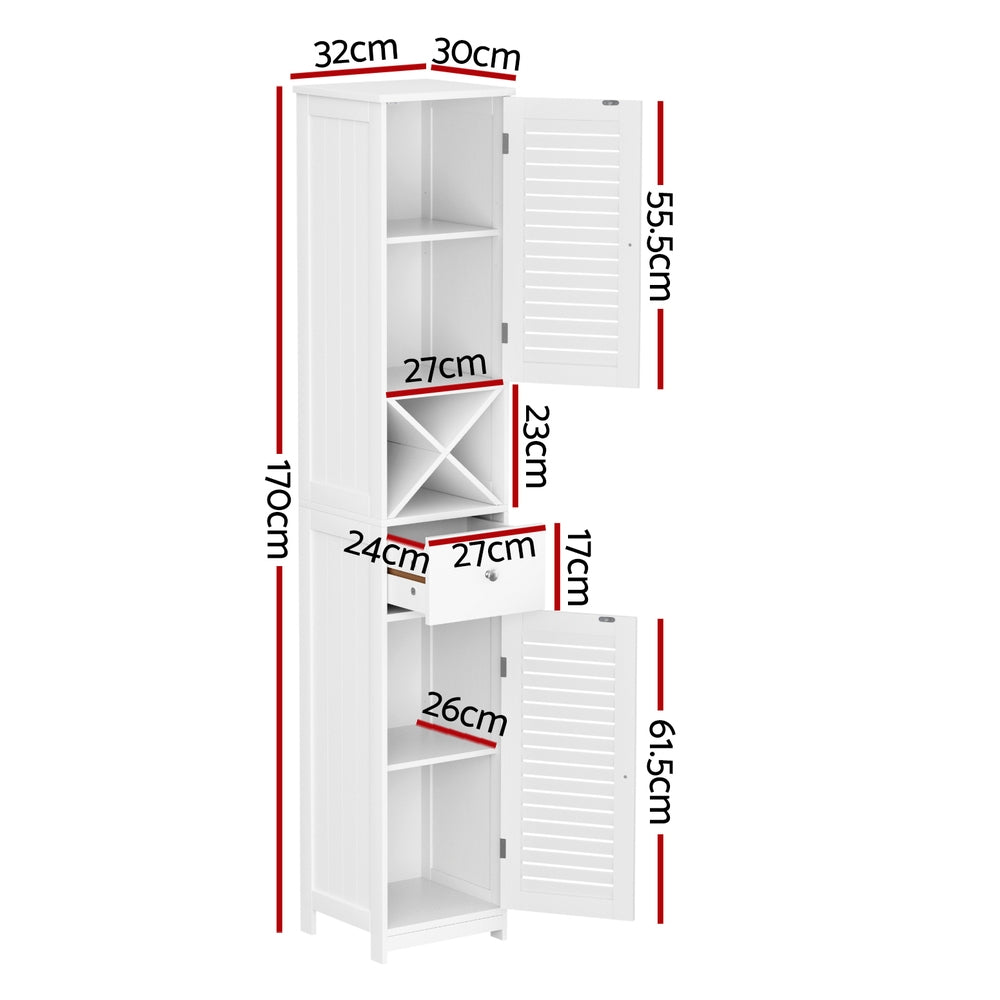 Bathroom Storage Cabinet 170cm Tall Slim Organiser Toilet Corner Adjustable Shelf Louver Door White-3