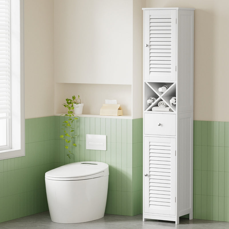 Bathroom Storage Cabinet 170cm Tall Slim Organiser Toilet Corner Adjustable Shelf Louver Door White-8