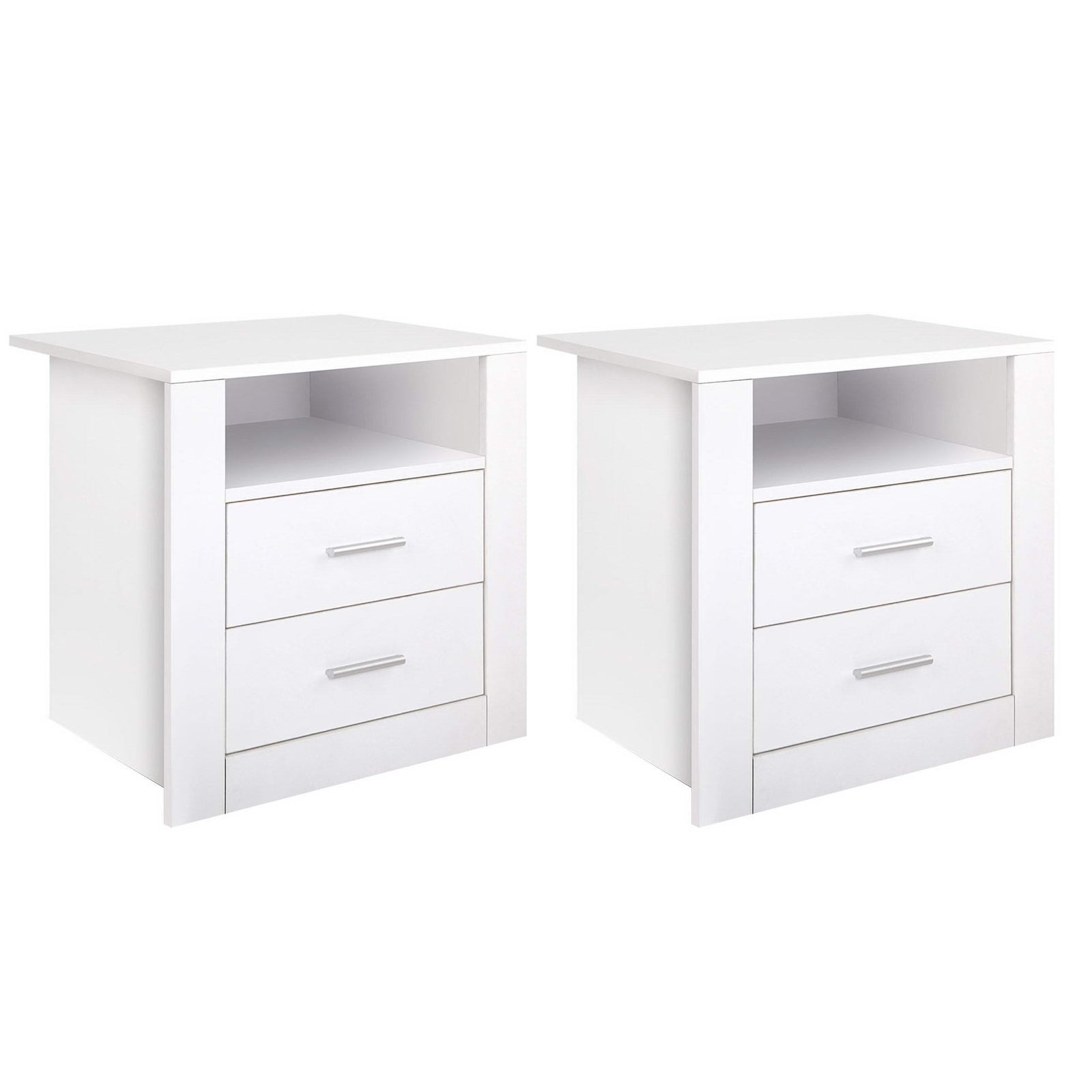 2 X Bedside Table 2 Drawers with Shelf - TARA White twin pack, featuring metal handles and open storage shelf for bedroom furniture.