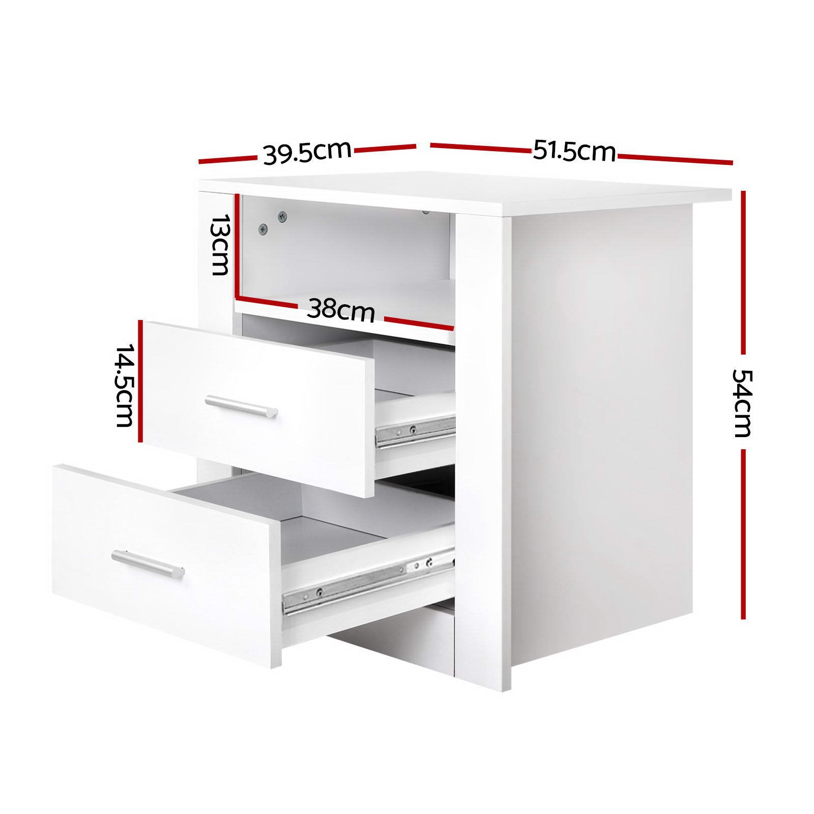 2 X Bedside Table 2 Drawers with Shelf - TARA White, twin pack bedroom furniture with two drawers and open shelf