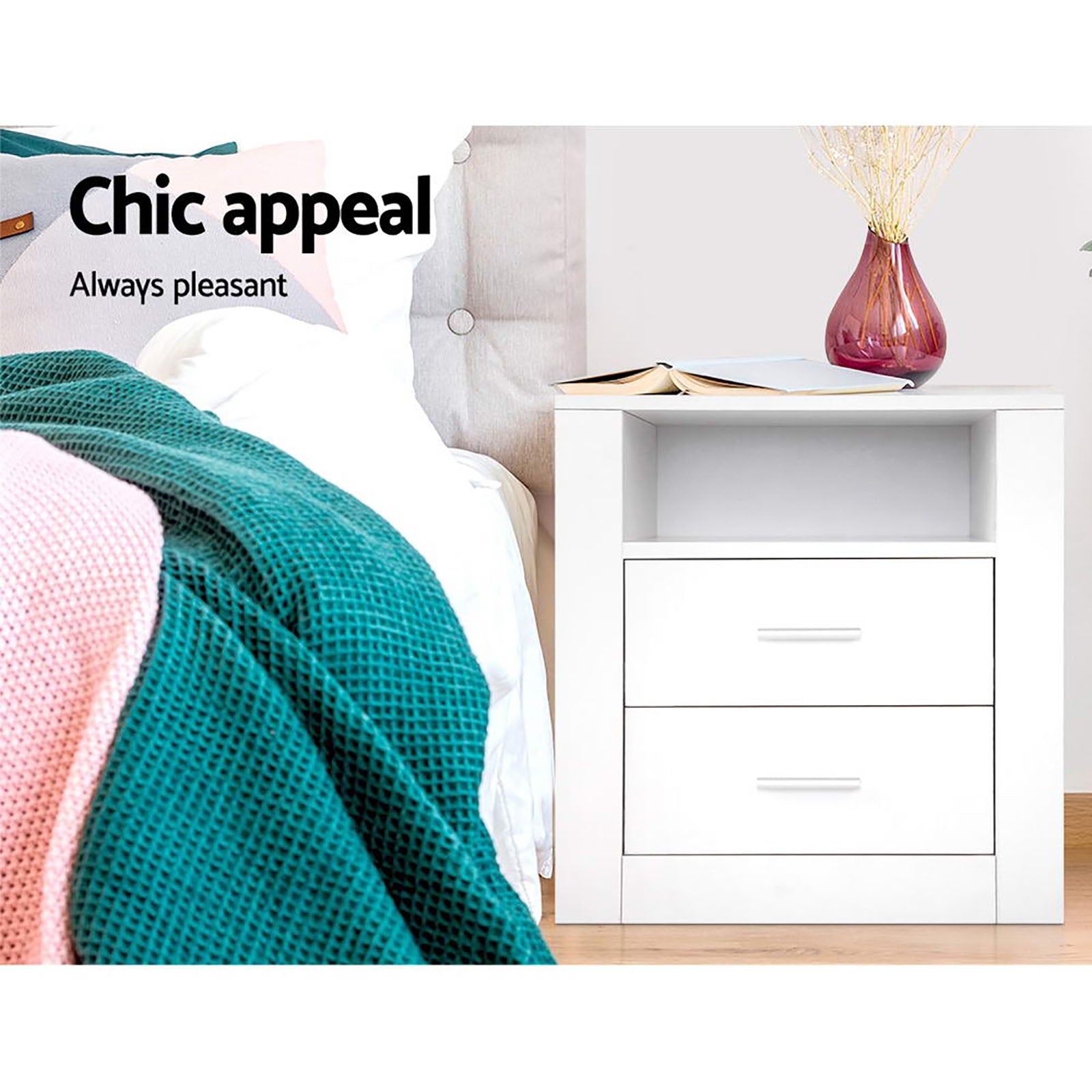2 X Bedside Table 2 Drawers with Shelf - TARA White