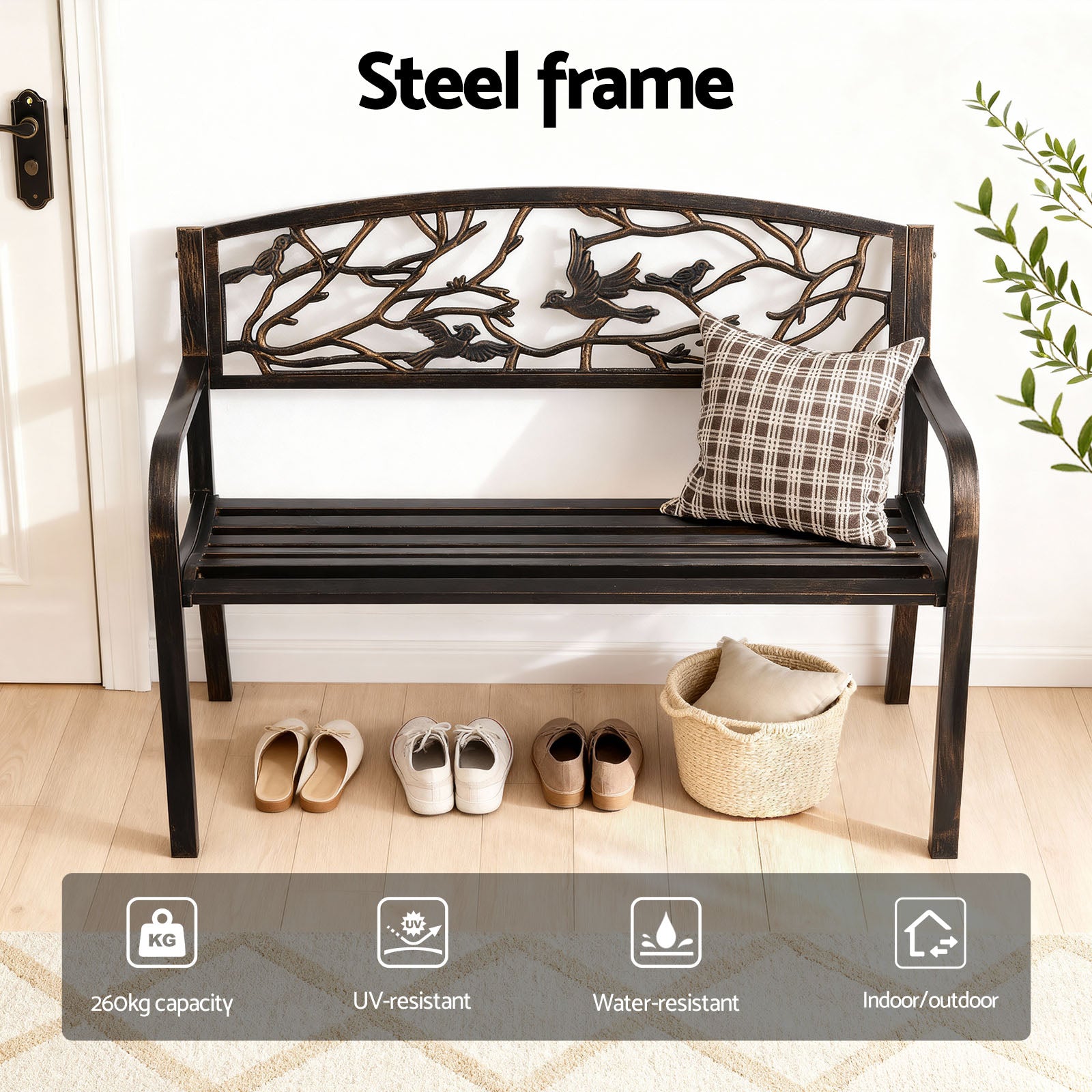 Outdoor Bench Seat Garden Steel Outdoor Furniture 3 Seater Park Bronze-5