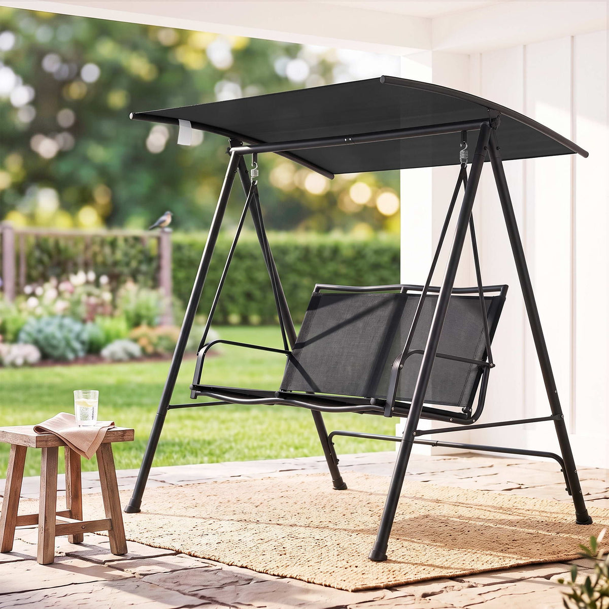 Outdoor Swing Chair with Adjustable Canopy 142cm x 172cm Stand - Black
