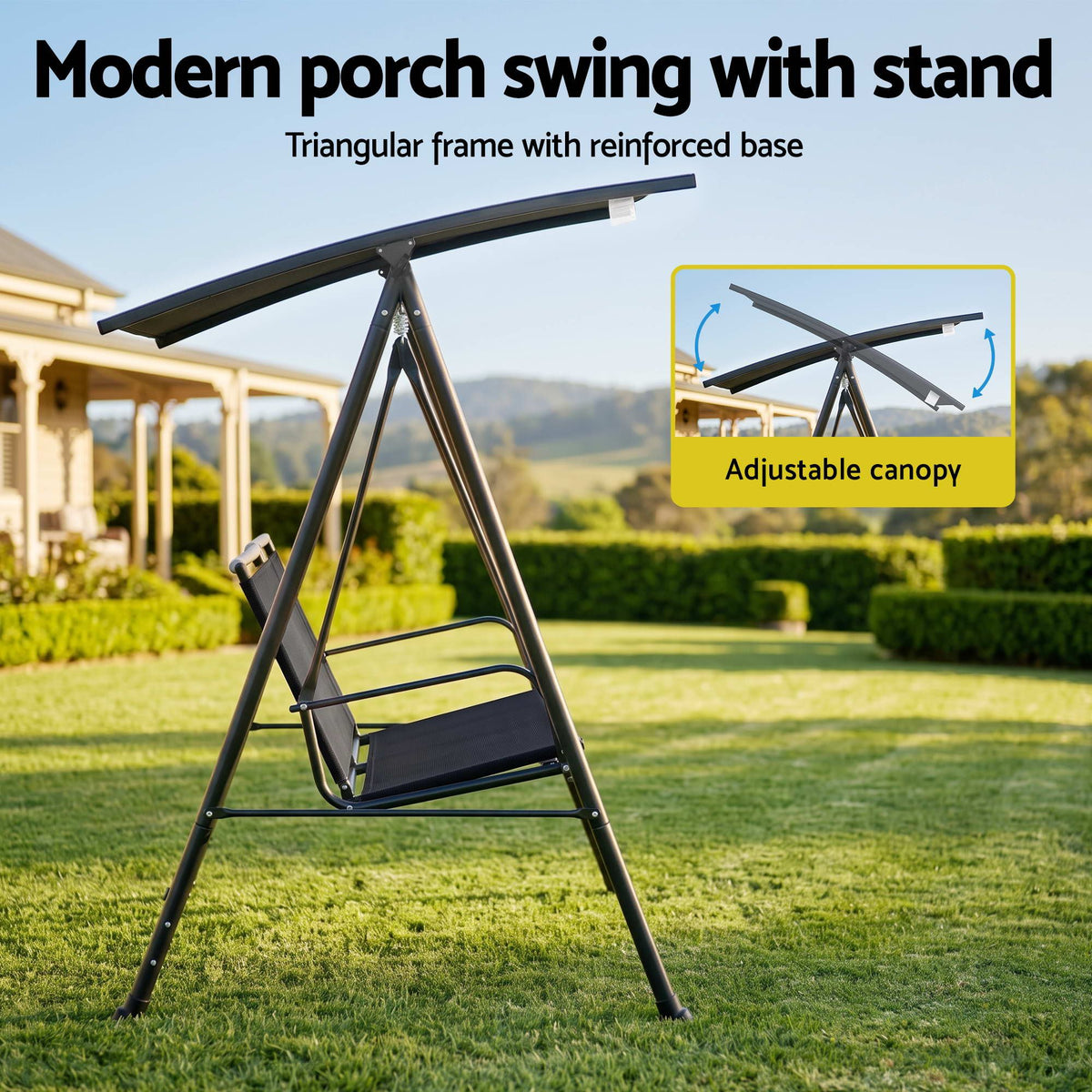 Outdoor Swing Chair with Adjustable Canopy 142cm x 172cm Stand - Black