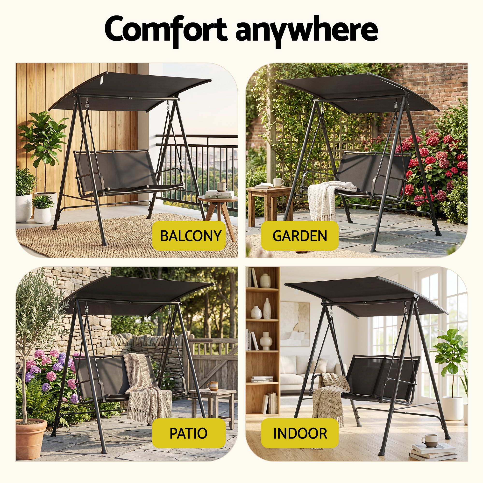 Outdoor Swing Chair with Adjustable Canopy 142cm x 172cm Stand - Black