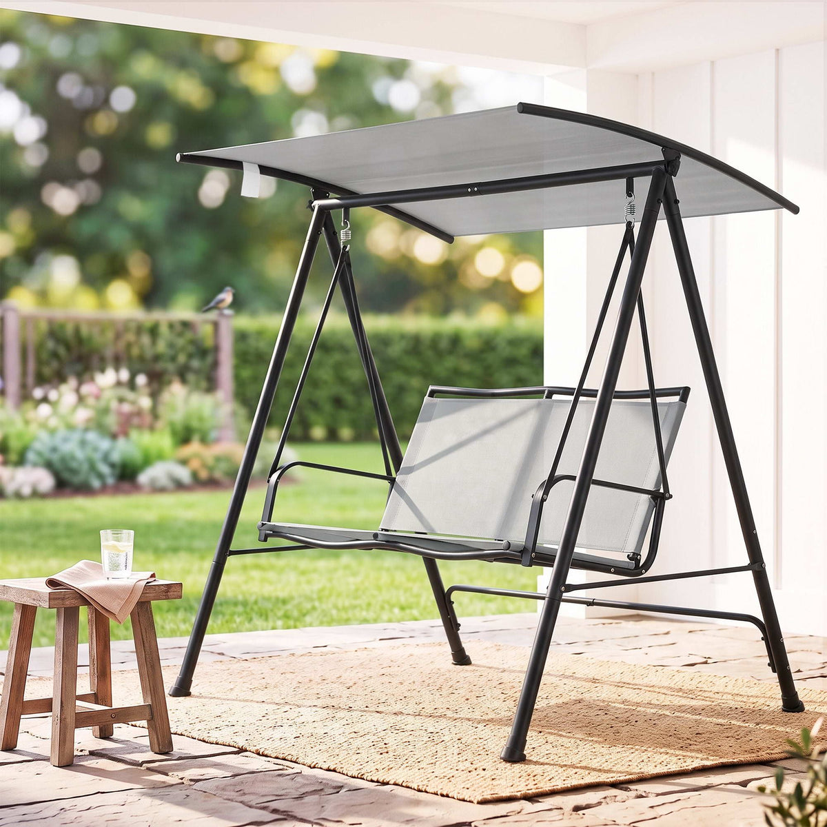 Outdoor Swing Chair with Adjustable Canopy 142cm x 172cm Stand - Grey