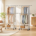 2X Double Rod Adjustable Clothes Rack with Casters - Silver White
