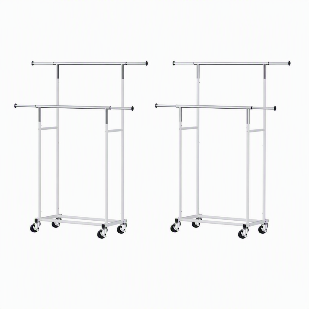 2X Double Rod Adjustable Clothes Rack with Casters - Silver White