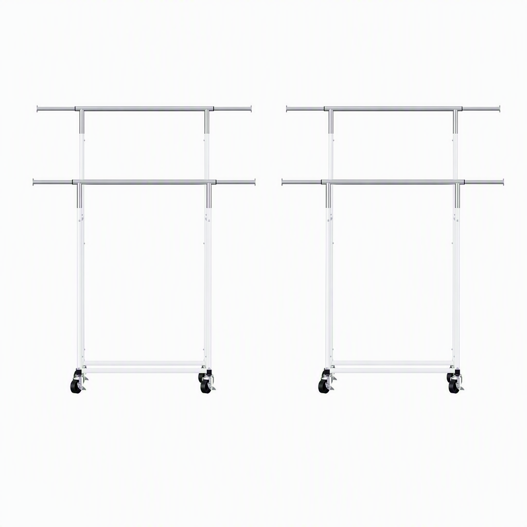 2X Double Rod Adjustable Clothes Rack with Casters - Silver White