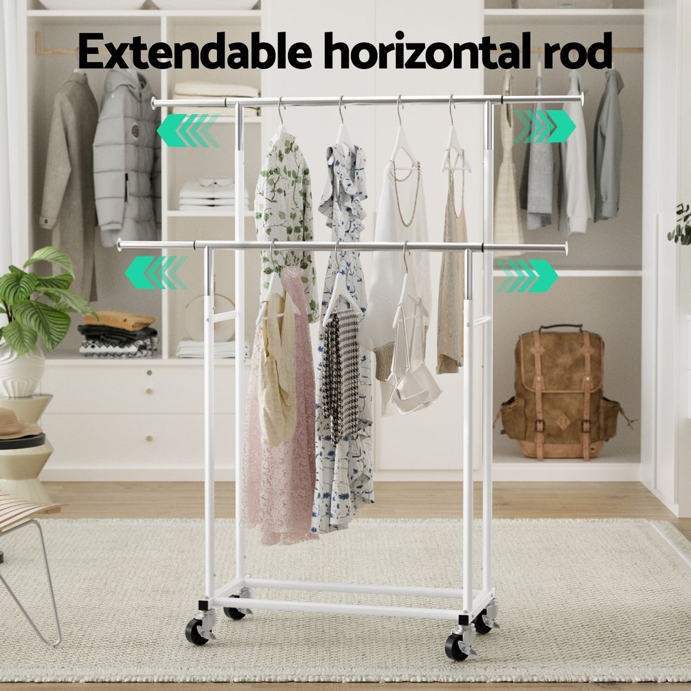 2X Double Rod Adjustable Clothes Rack with Casters - Silver White
