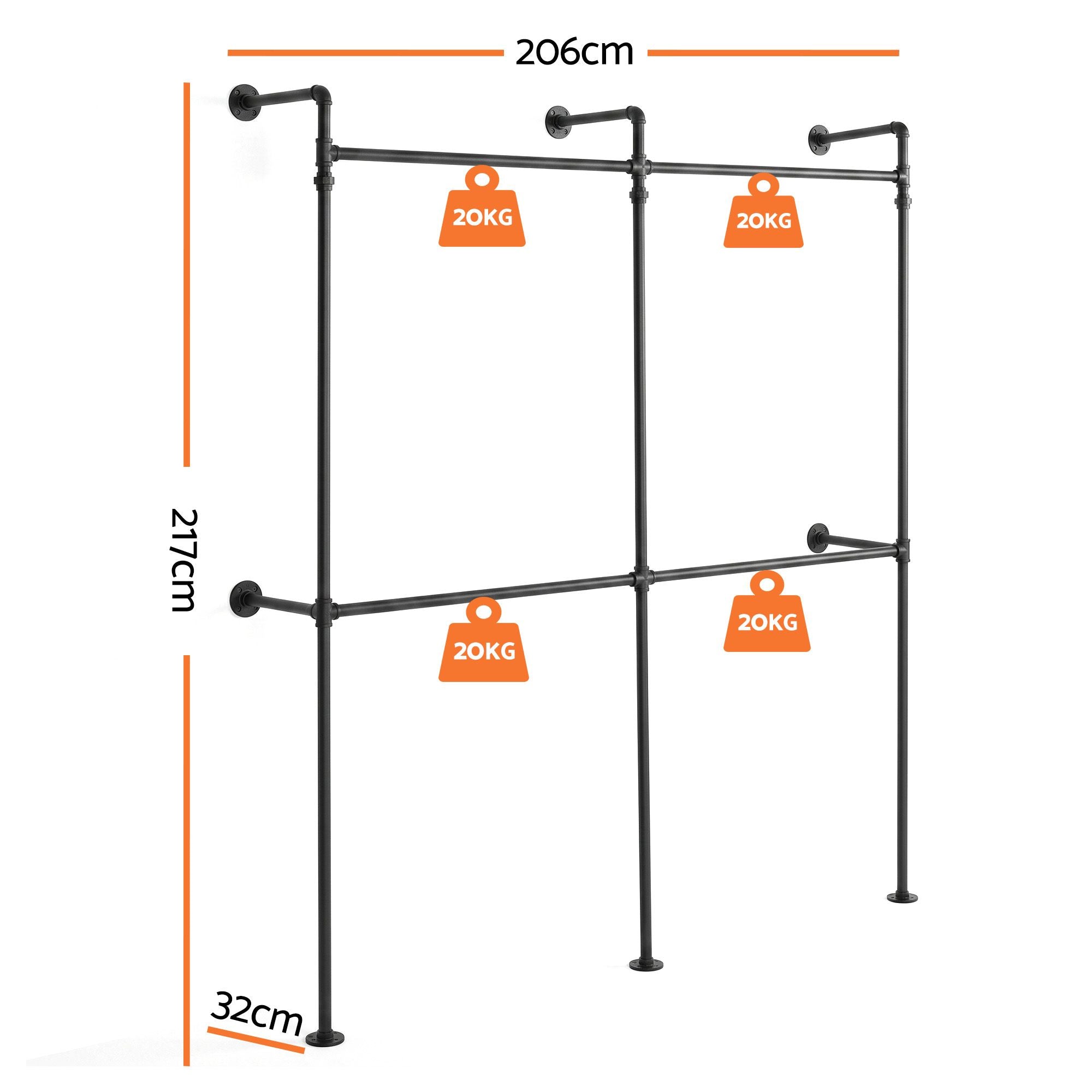 Industrial Pipe Wall Mounted Clothing Rack Garment Display Stand - Black