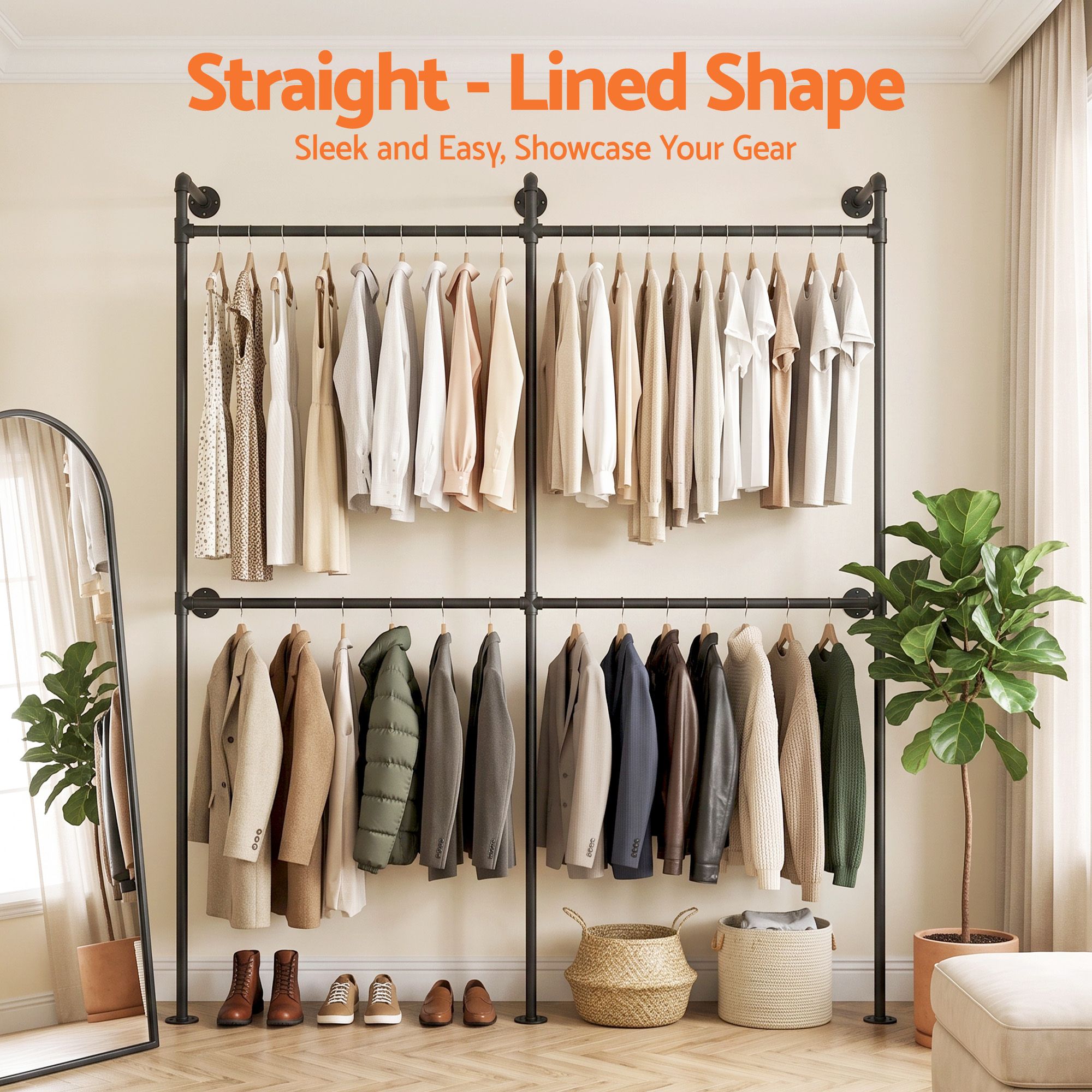 Industrial Pipe Wall Mounted Clothing Rack Garment Display Stand - Black