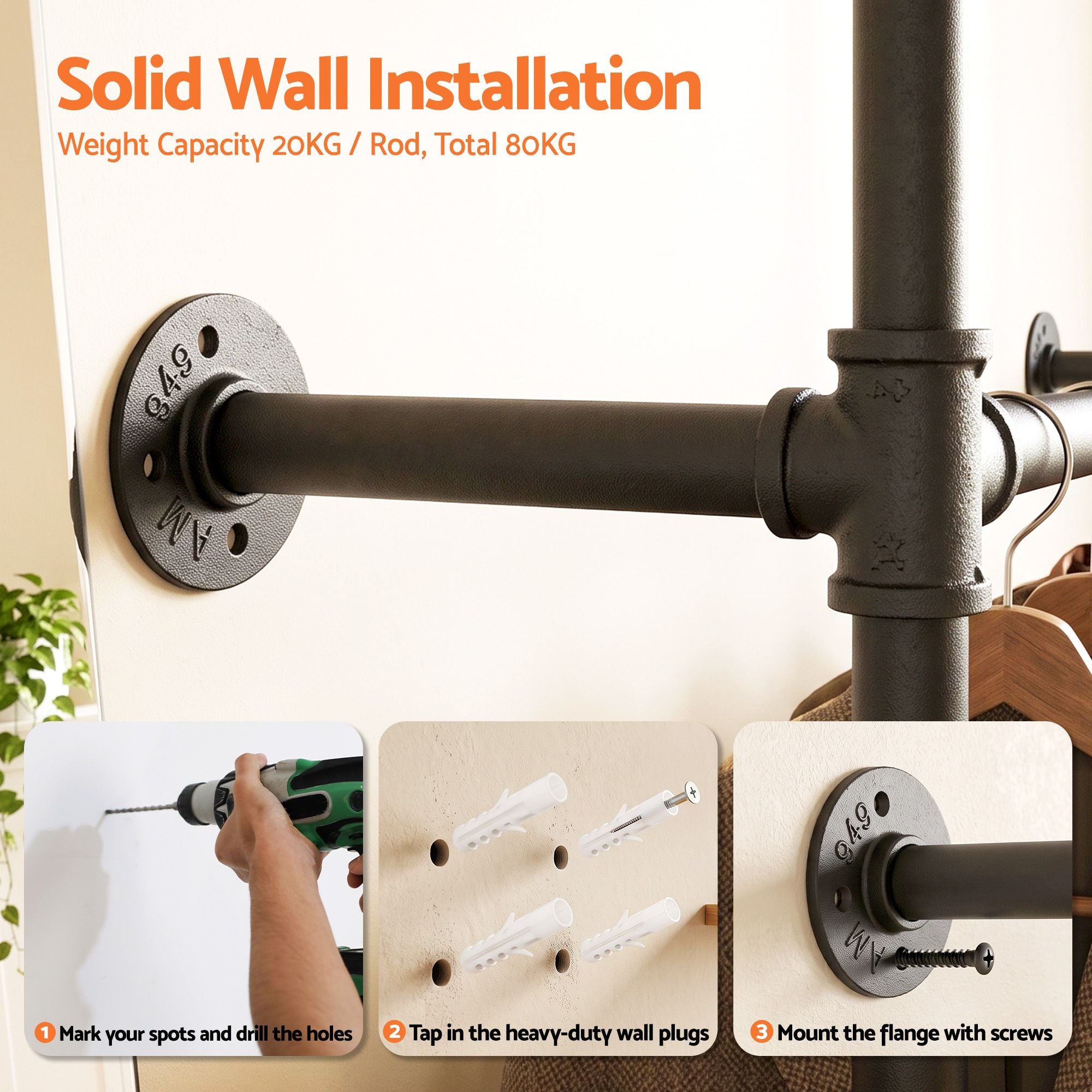 Industrial Pipe Wall Mounted Clothing Rack Garment Display Stand - Black