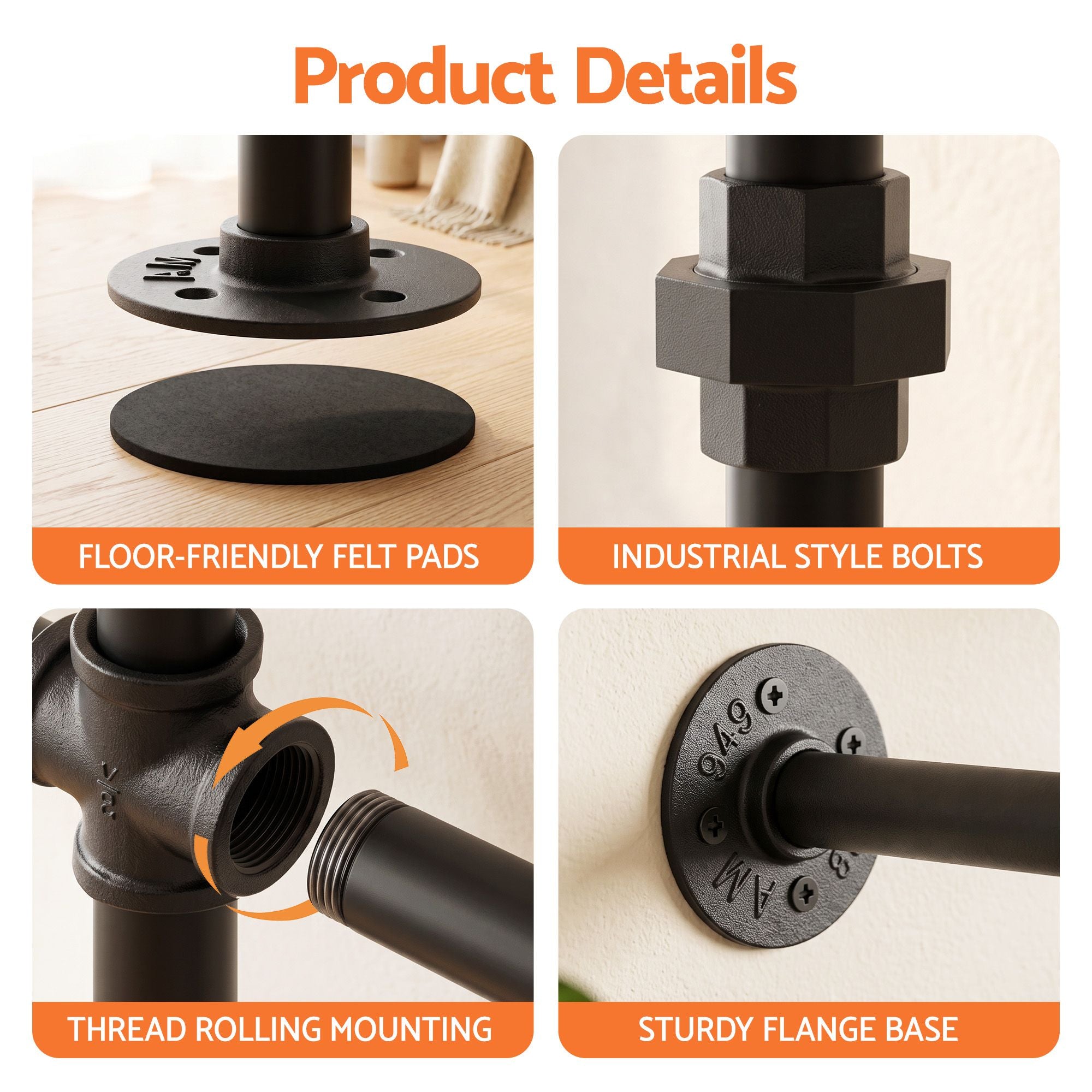 Industrial Pipe Wall Mounted Clothing Rack Garment Display Stand - Black