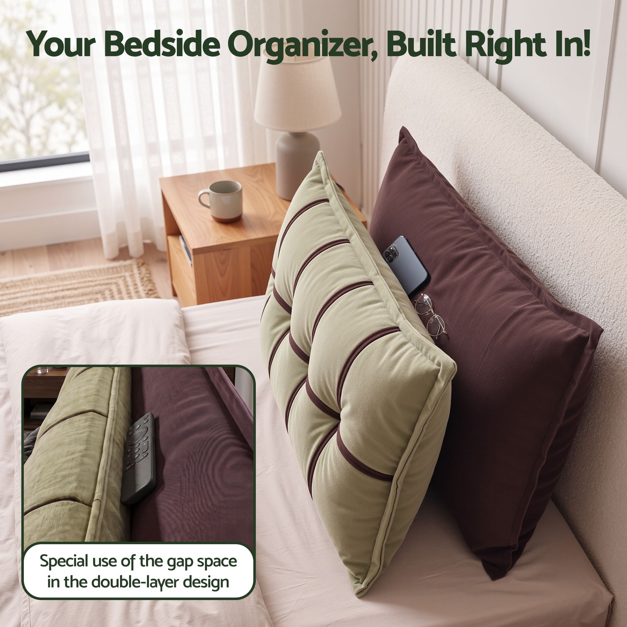 Headboard Pillow with Double-Layer Storage Wedge Reading Backrest with Adjustable Filling, Chenille Bed Rest Cushion for Daybed, Dorm, and RV Double