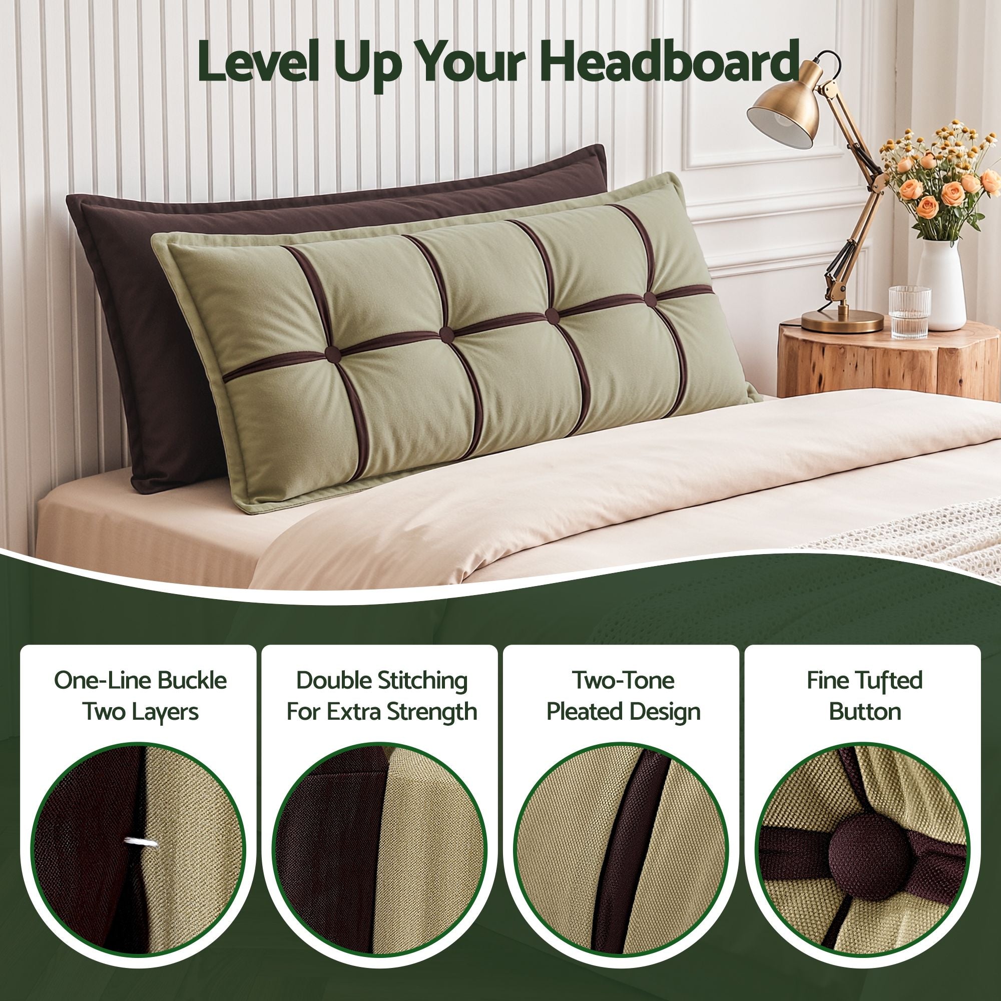 Headboard Pillow with Double-Layer Storage Wedge Reading Backrest with Adjustable Filling, Chenille Bed Rest Cushion for Daybed, Dorm, and RV Double