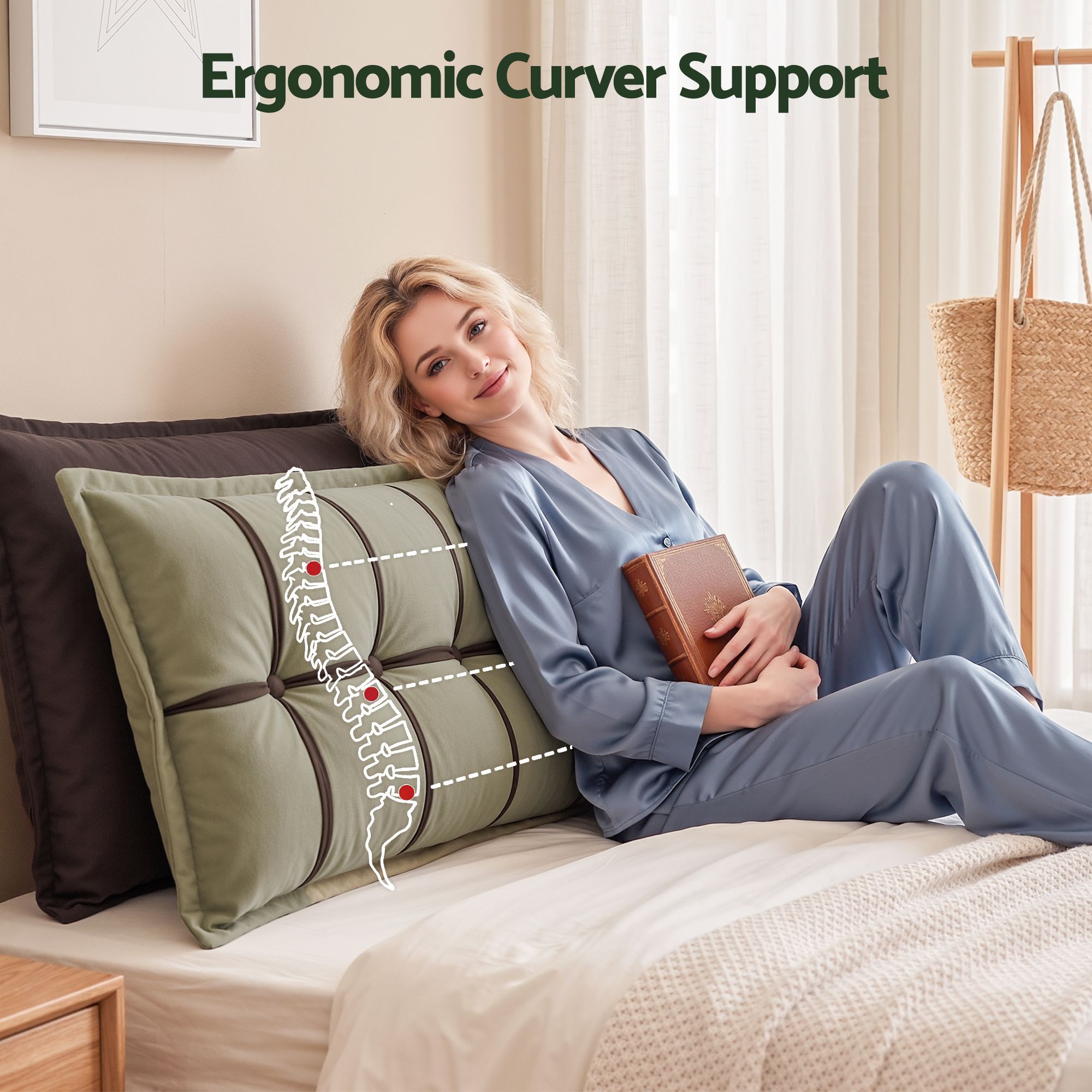 Headboard Pillow with Double-Layer Storage Wedge Reading Backrest with Adjustable Filling, Chenille Bed Rest Cushion for Daybed, Dorm, and RV Double
