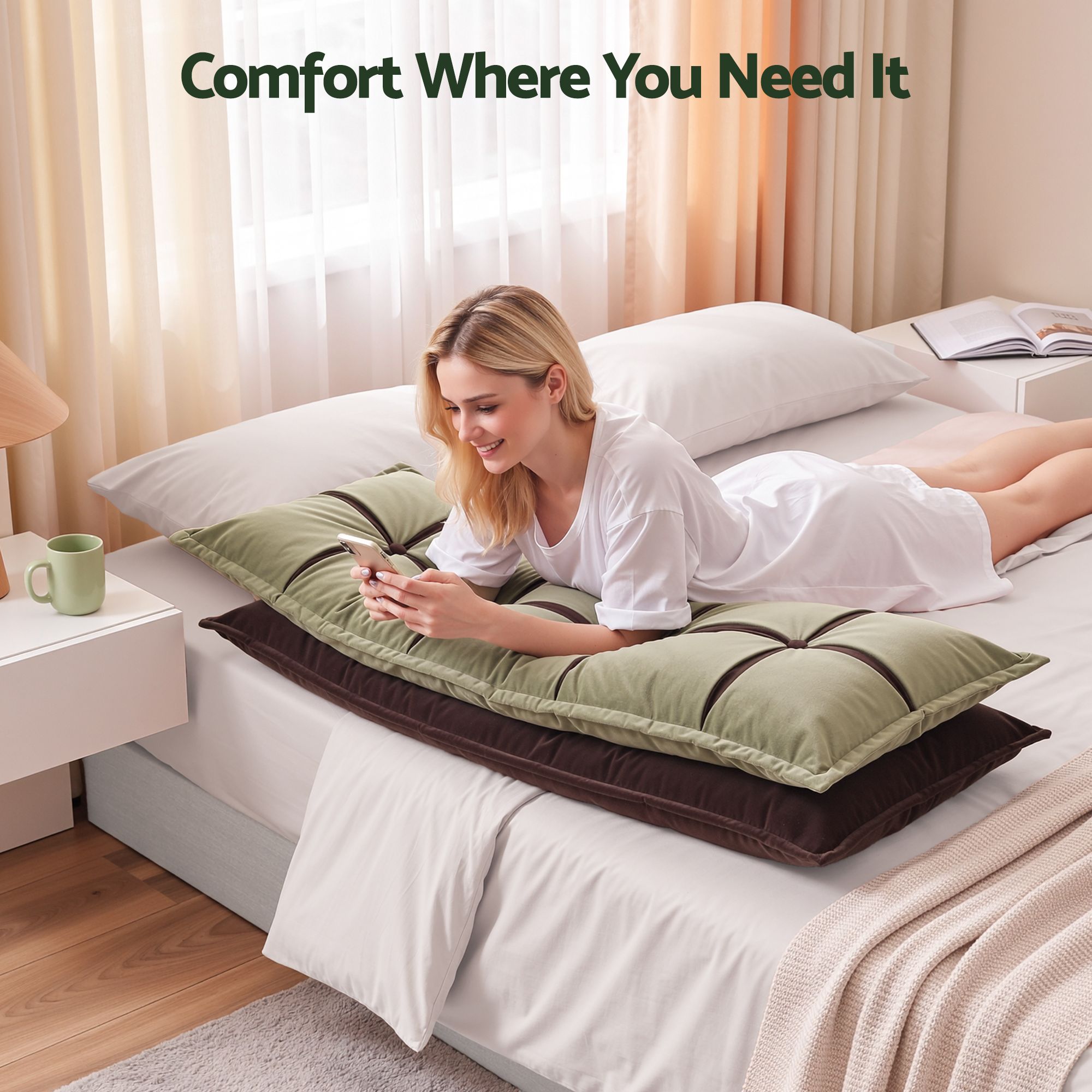 Headboard Pillow with Double-Layer Storage Wedge Reading Backrest with Adjustable Filling, Chenille Bed Rest Cushion for Daybed, Dorm, and RV Double