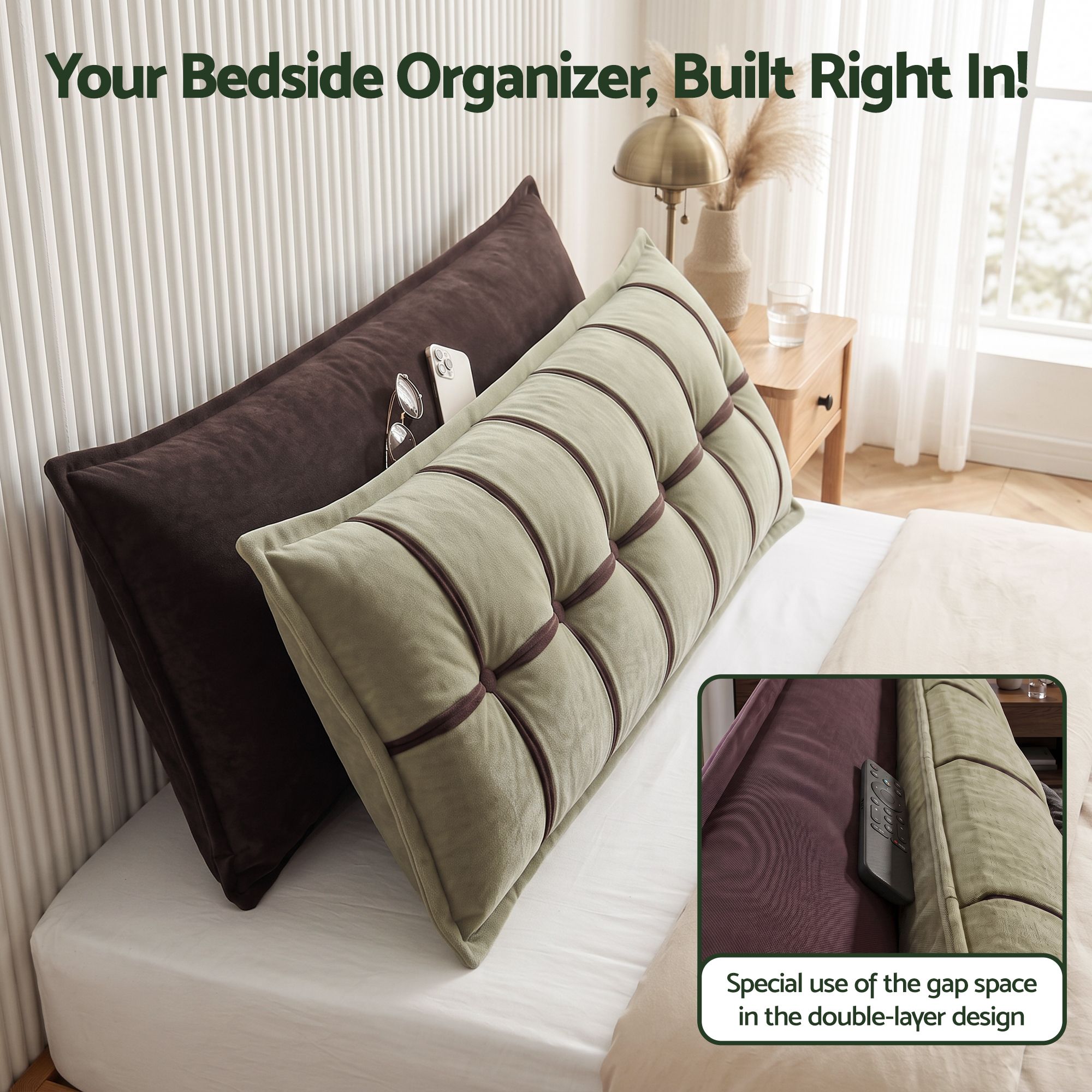 Headboard Pillow with Double-Layer Storage Wedge Reading Backrest with Adjustable Filling, Chenille Bed Rest Cushion for Daybed, Dorm, and RV King