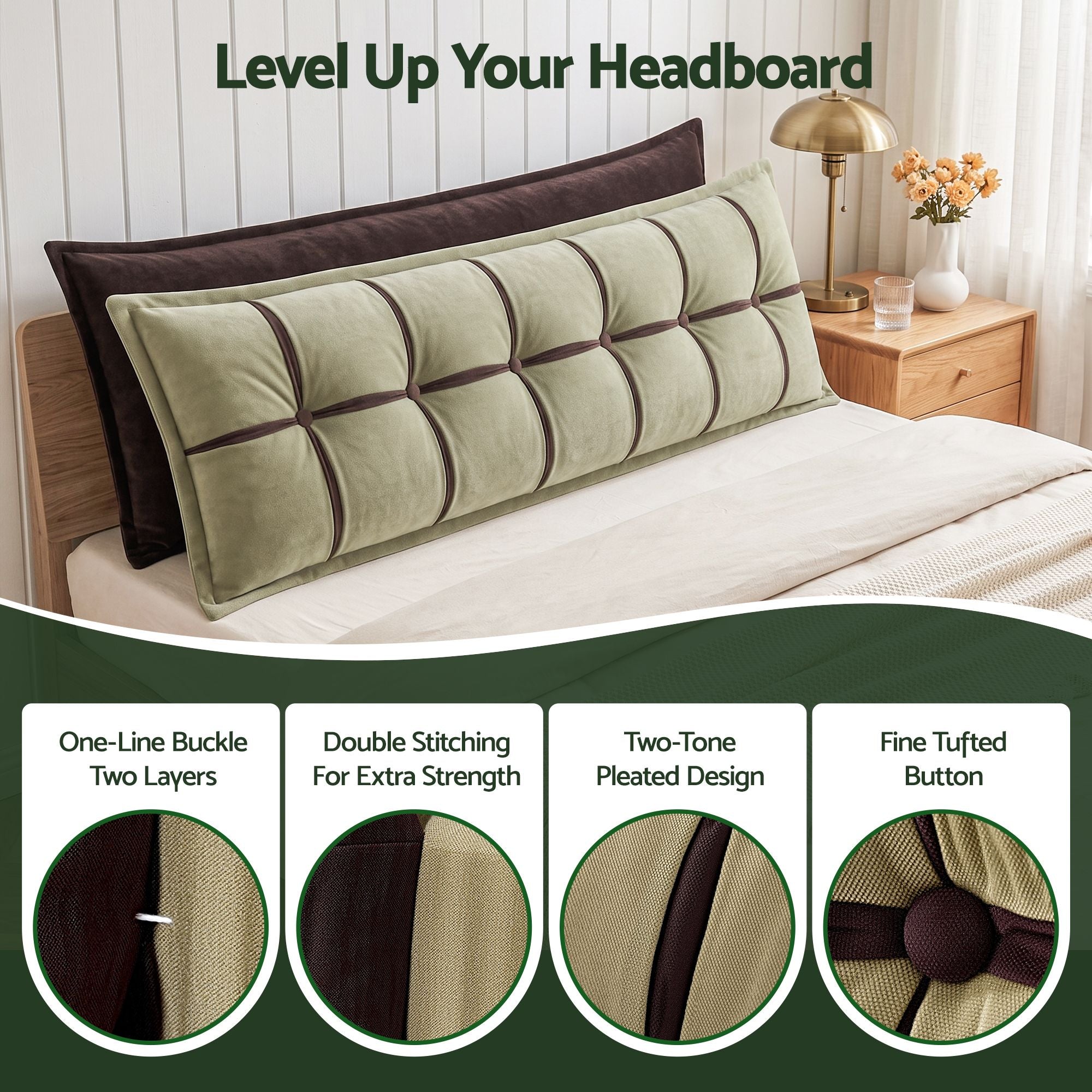 Headboard Pillow with Double-Layer Storage Wedge Reading Backrest with Adjustable Filling, Chenille Bed Rest Cushion for Daybed, Dorm, and RV King