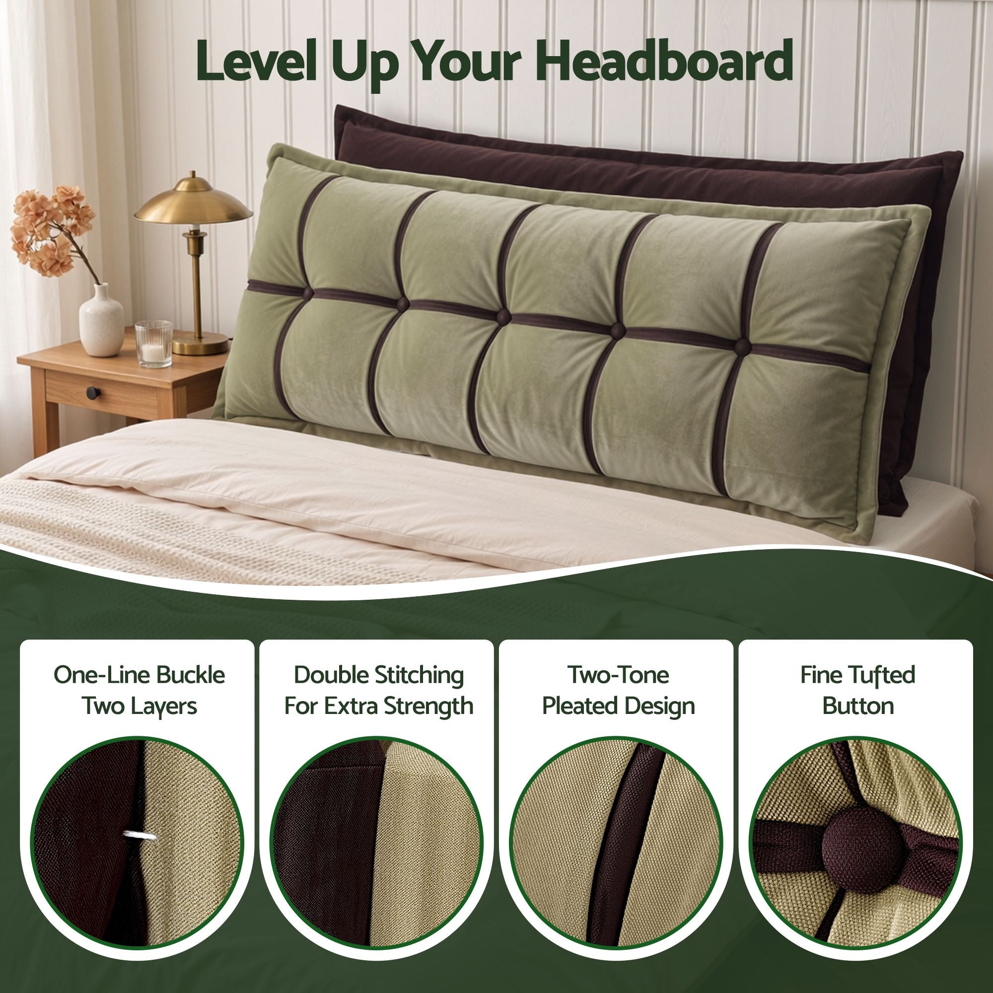 Headboard Pillow with Double-Layer Storage Wedge Reading Backrest with Adjustable Filling, Chenille Bed Rest Cushion for Daybed, Dorm, and RV Queen