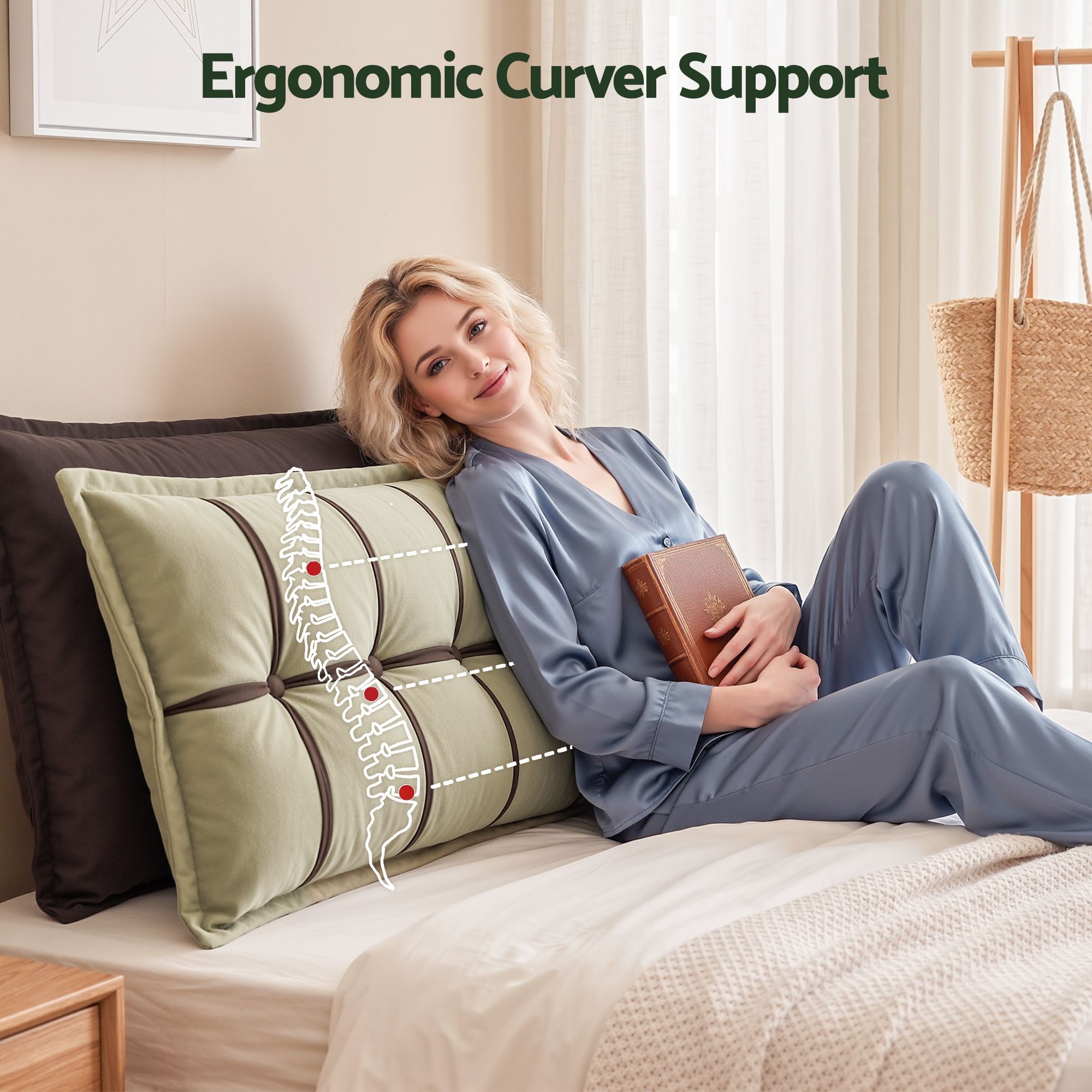 Headboard Pillow with Double-Layer Storage Wedge Reading Backrest with Adjustable Filling, Chenille Bed Rest Cushion for Daybed, Dorm, and RV Queen