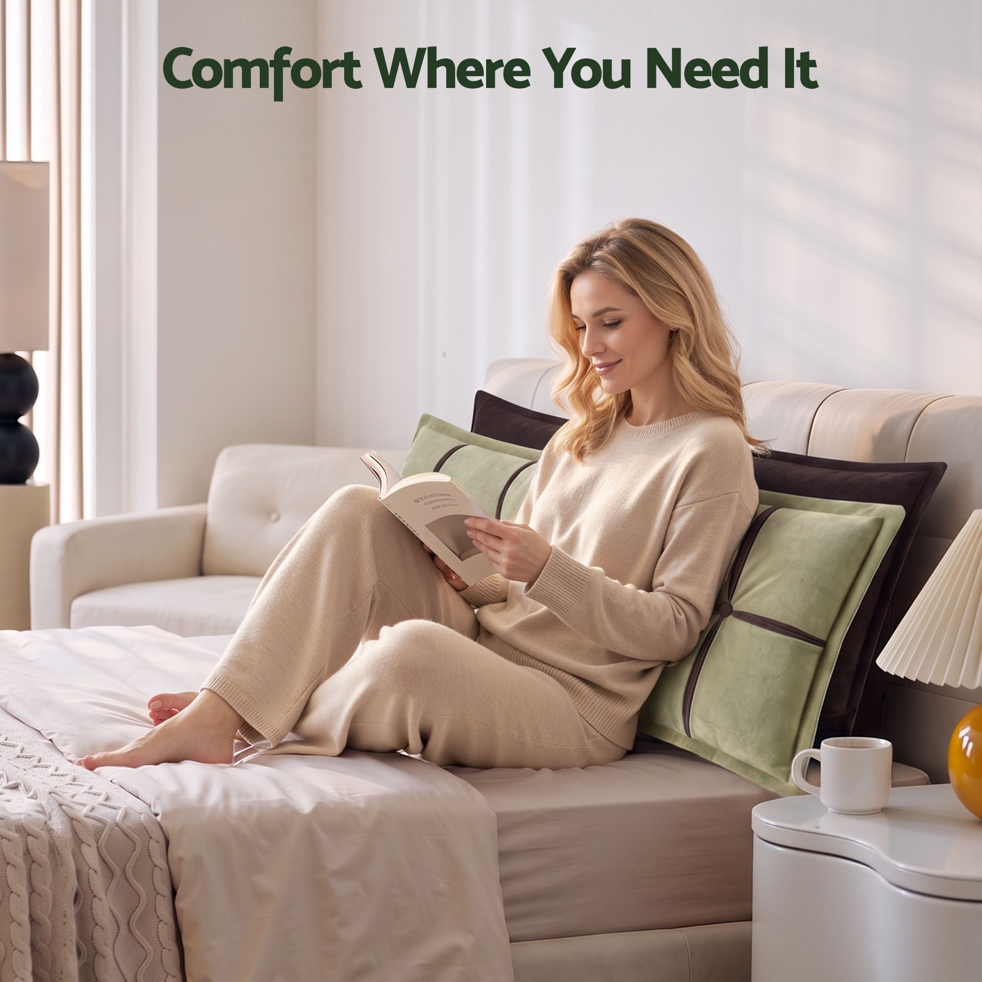 Headboard Pillow with Double-Layer Storage Wedge Reading Backrest with Adjustable Filling, Chenille Bed Rest Cushion for Daybed, Dorm, and RV Queen
