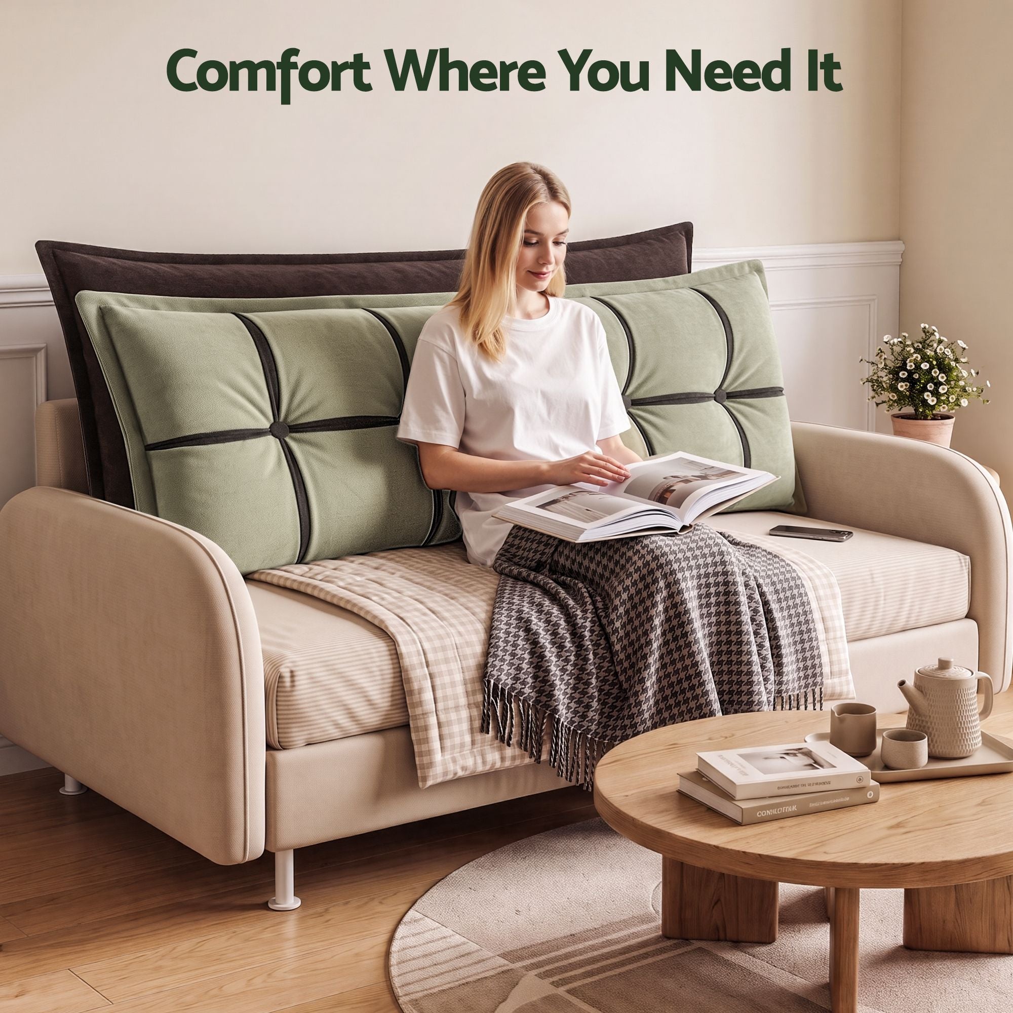 Headboard Pillow with Double-Layer Storage Wedge Reading Backrest with Adjustable Filling, Chenille Bed Rest Cushion for Daybed, Dorm, and RV Queen