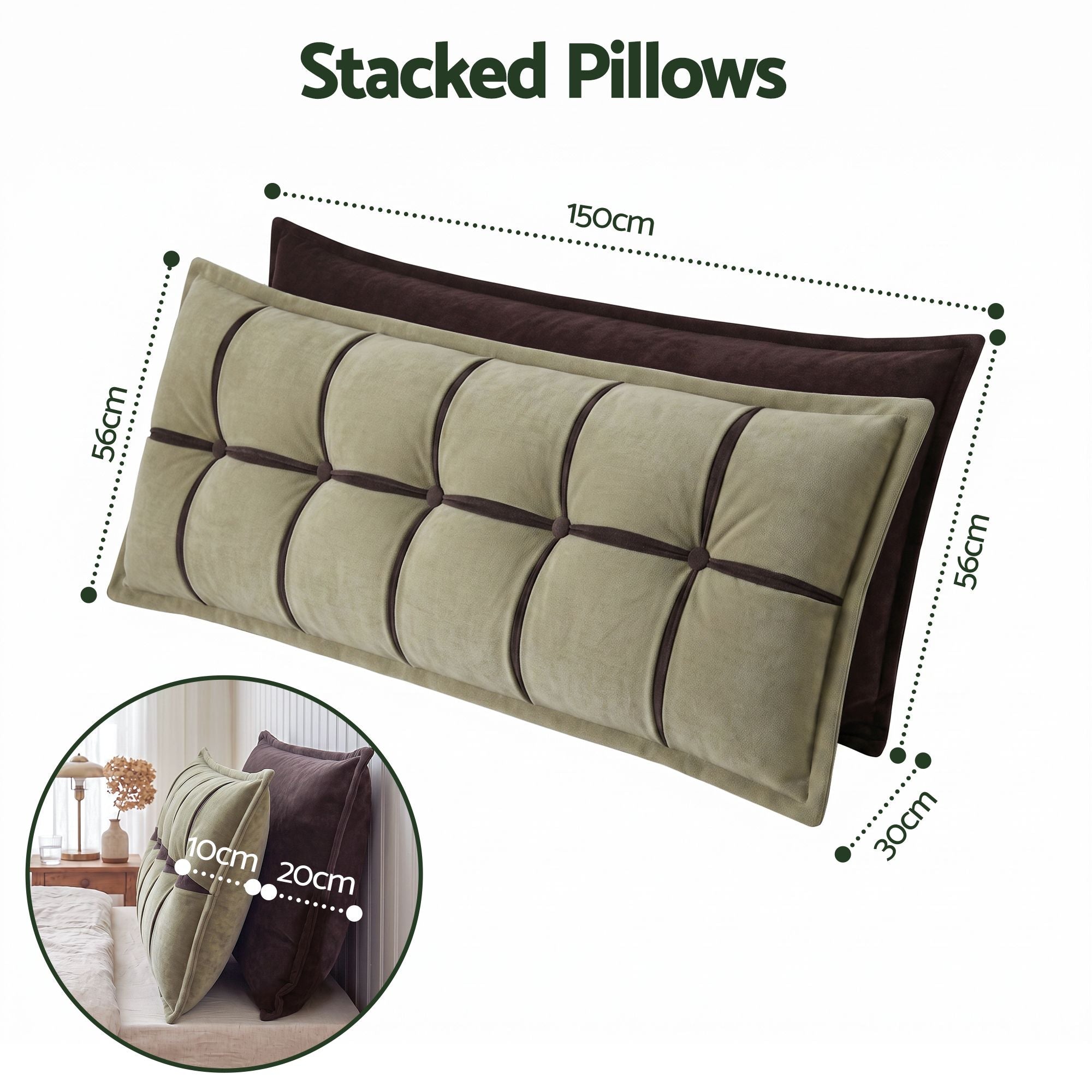 Headboard Pillow with Double-Layer Storage Wedge Reading Backrest with Adjustable Filling, Chenille Bed Rest Cushion for Daybed, Dorm, and RV Queen