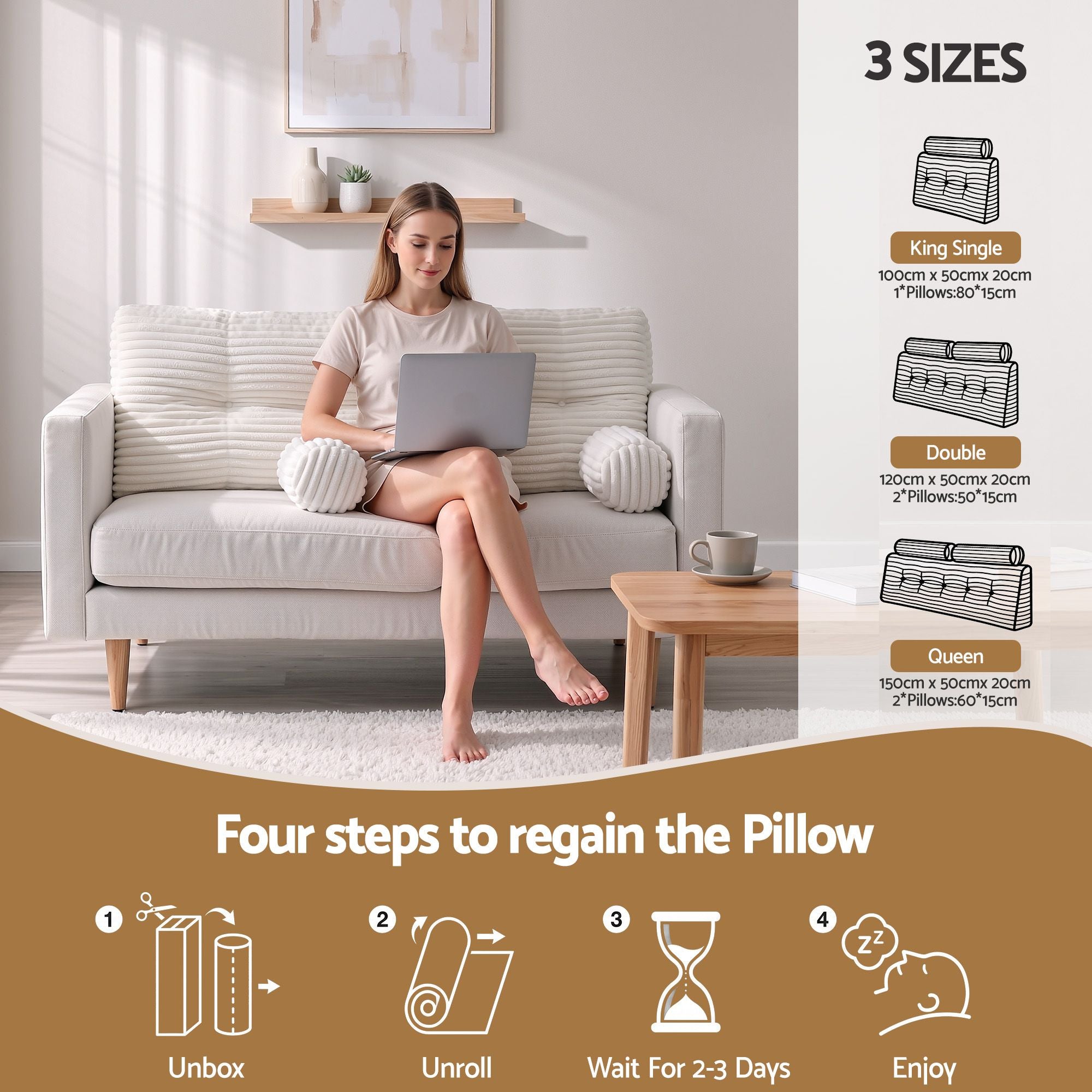 wedge pillow headboard with non-flattening shredded foam core, perfect for dorm reading or sofa lap desk, 330g corduroy cover, side pockets, Double