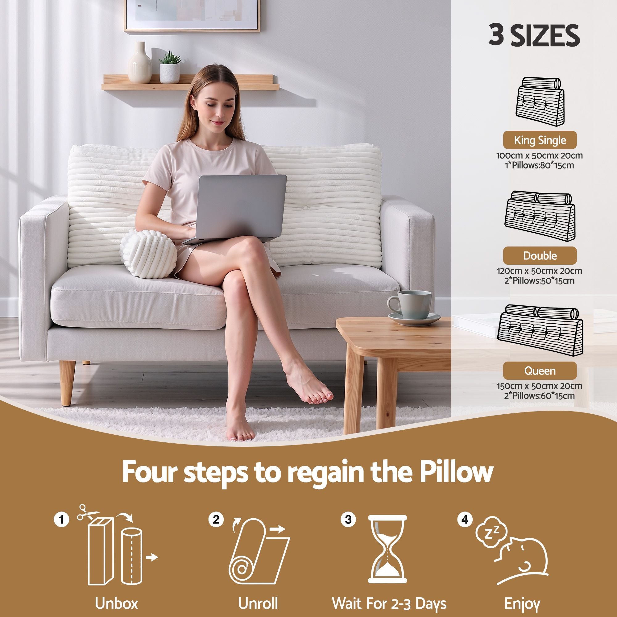 wedge pillow headboard with non-flattening shredded foam core, perfect for dorm reading or sofa lap desk, 330g corduroy cover, side pockets, King Single