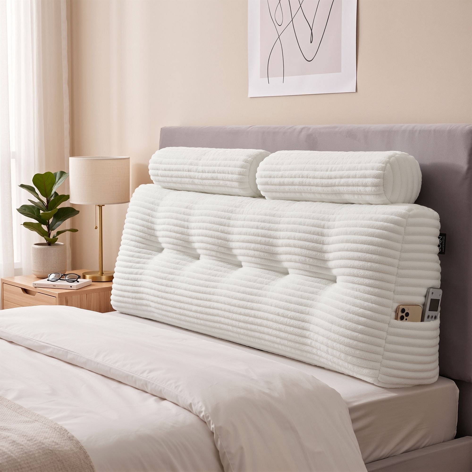 wedge pillow headboard with non-flattening shredded foam core, perfect for dorm reading or sofa lap desk, 330g corduroy cover, side pockets, Queen