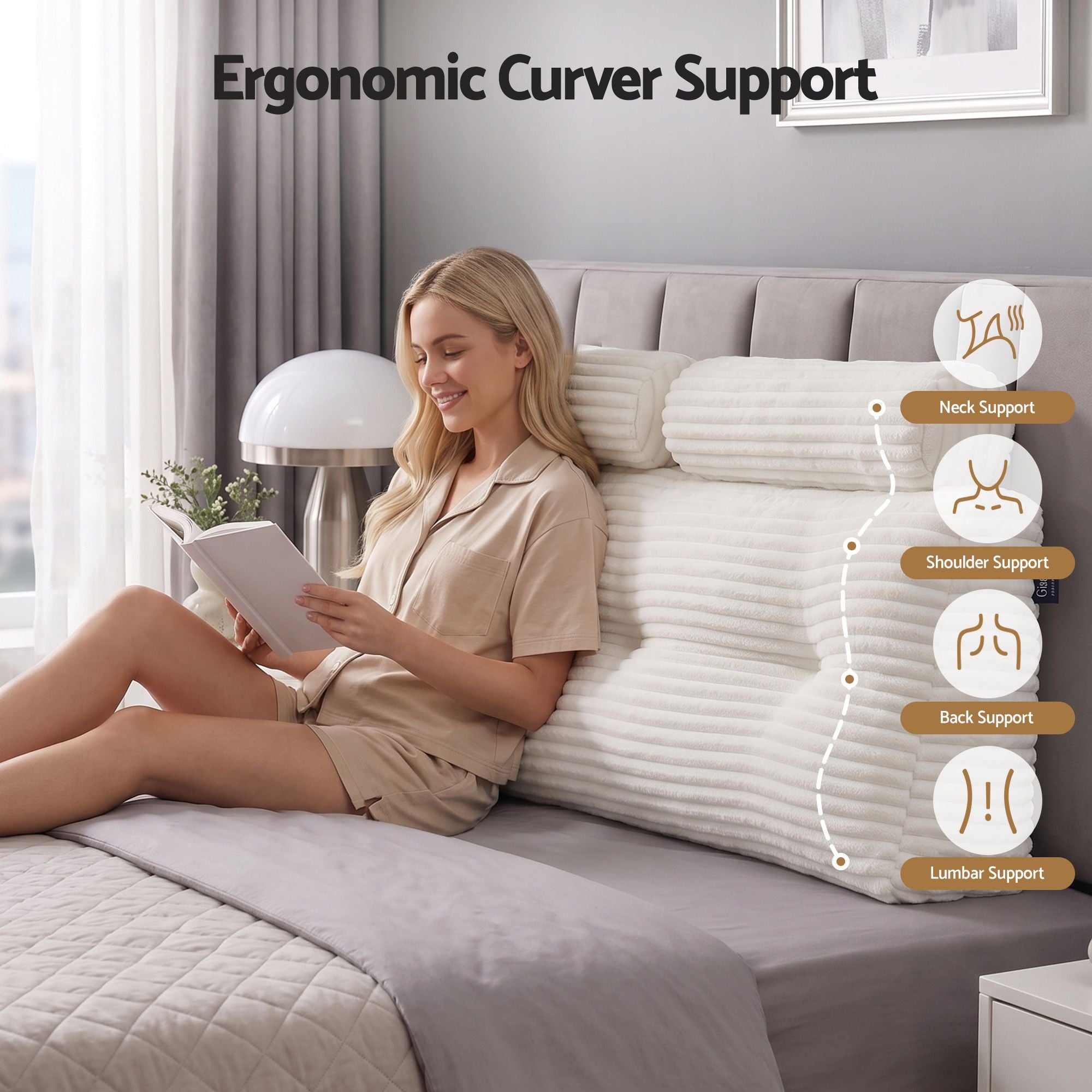 wedge pillow headboard with non-flattening shredded foam core, perfect for dorm reading or sofa lap desk, 330g corduroy cover, side pockets, Queen