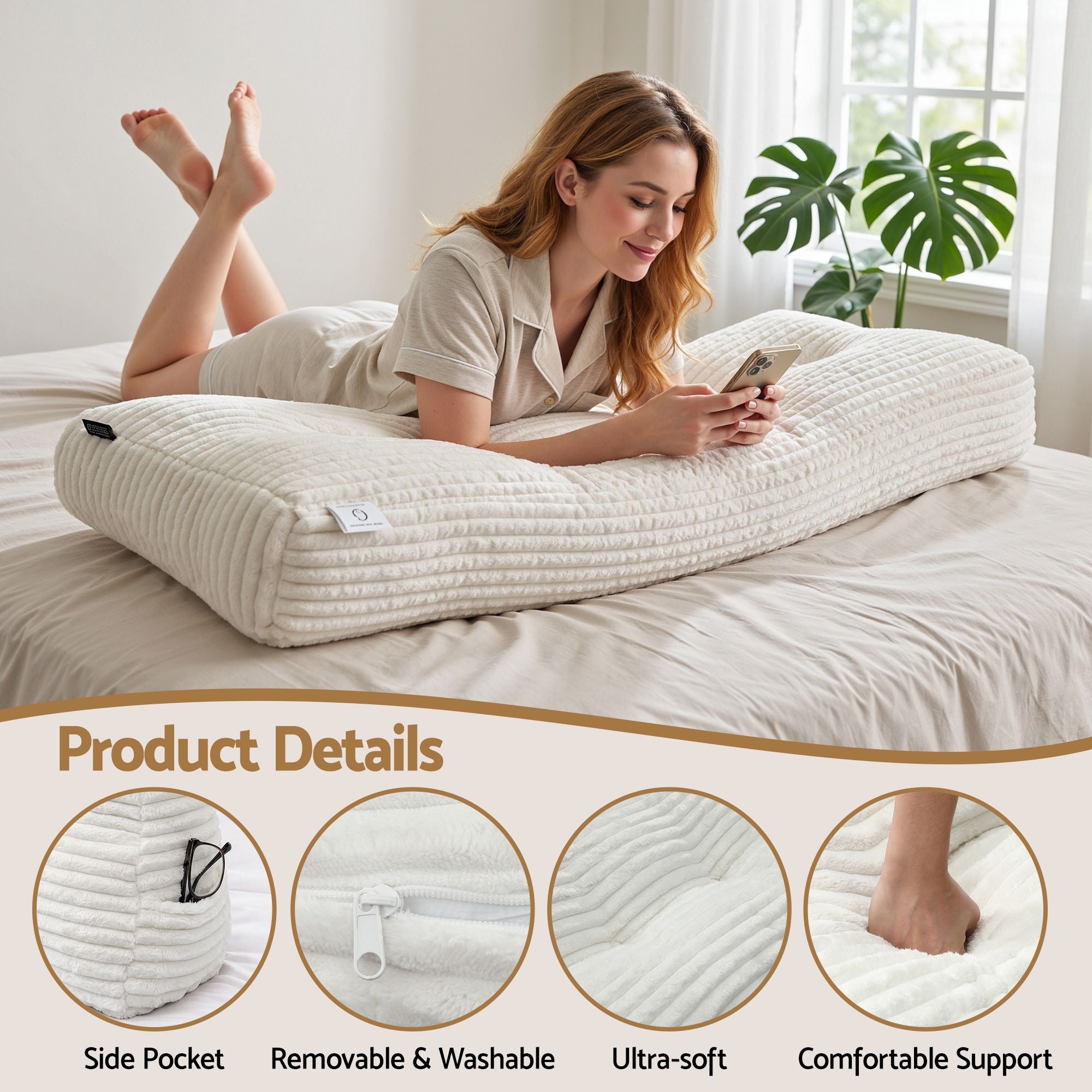wedge pillow headboard with non-flattening shredded foam core, perfect for dorm reading or sofa lap desk, 330g corduroy cover, side pockets, Queen